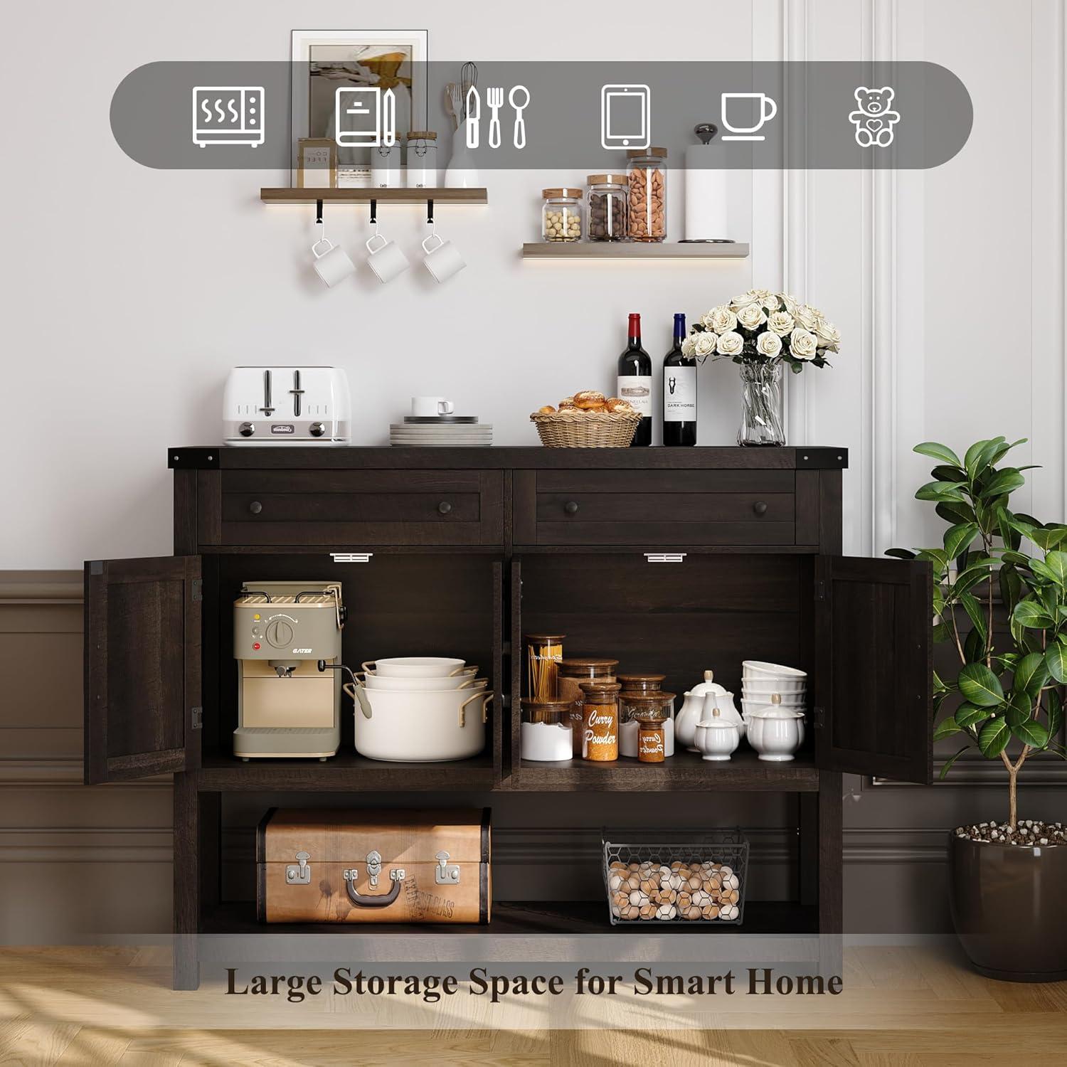 47.2" Modern Farmhouse Coffee Bar with 2 Drawers, Barn Doors Console Table with Shelf for Kitchen