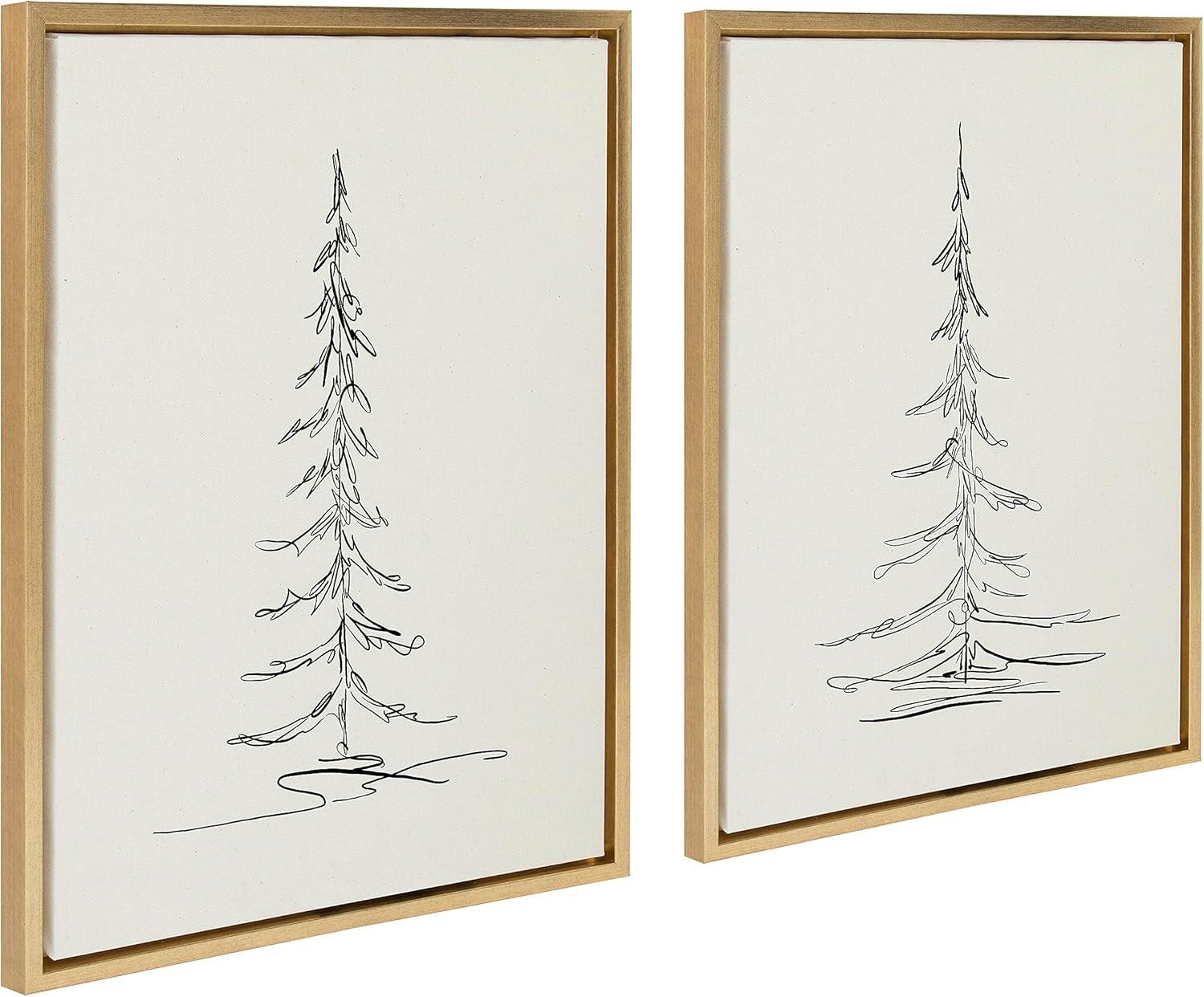 Kate and Laurel Sylvie Minimalist Evergreen Trees Sketch Framed Canvas Wall Art Set by The Creative Bunch Studio, 2 Piece 18x24 Bright Gold, Minimal Christmas Tree Sketch Art