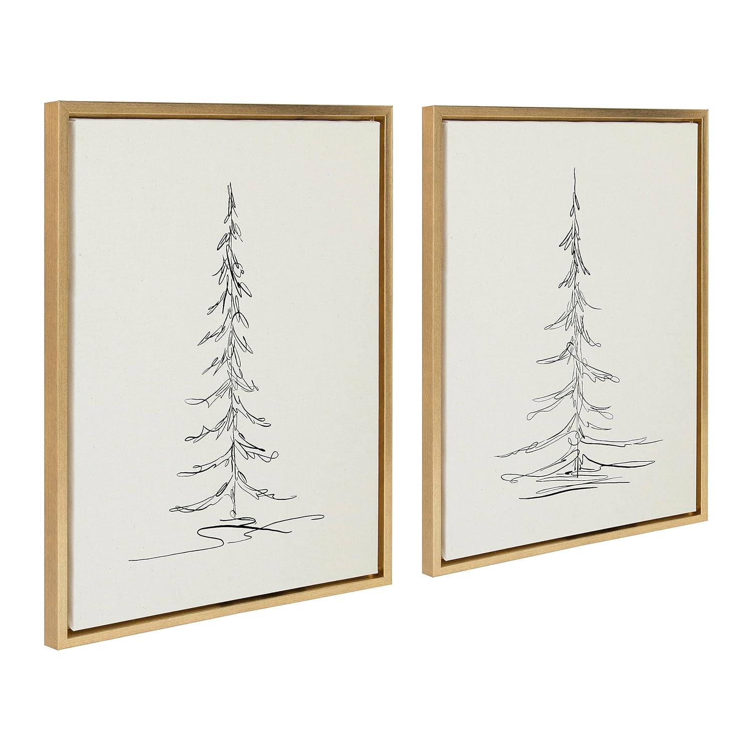 Kate and Laurel Sylvie Minimalist Evergreen Trees Sketch Framed Canvas Wall Art Set by The Creative Bunch Studio, 2 Piece 18x24 Bright Gold, Minimal Christmas Tree Sketch Art