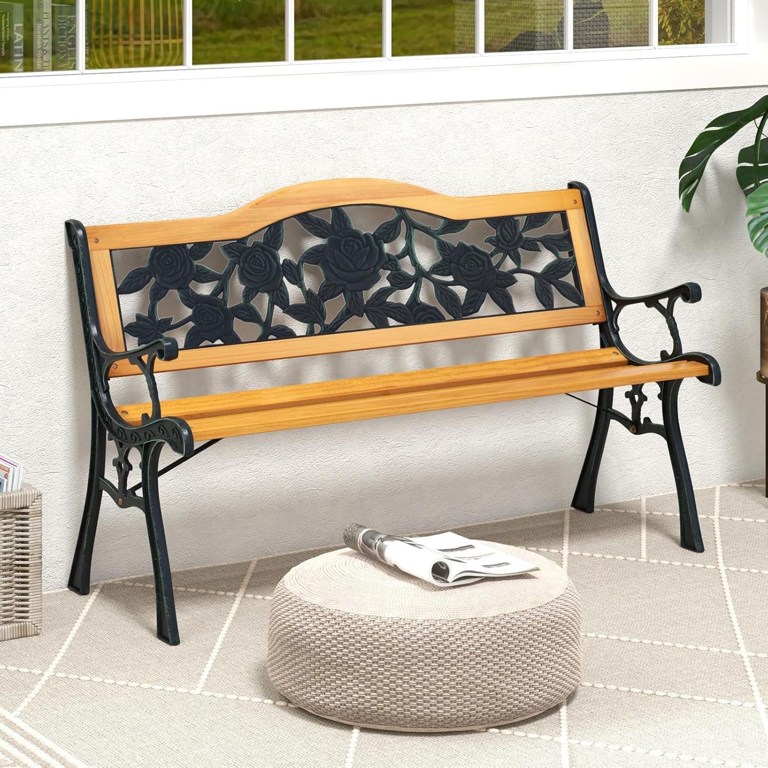 Black and Natural Cast Iron and Wood Garden Bench with Floral Backrest