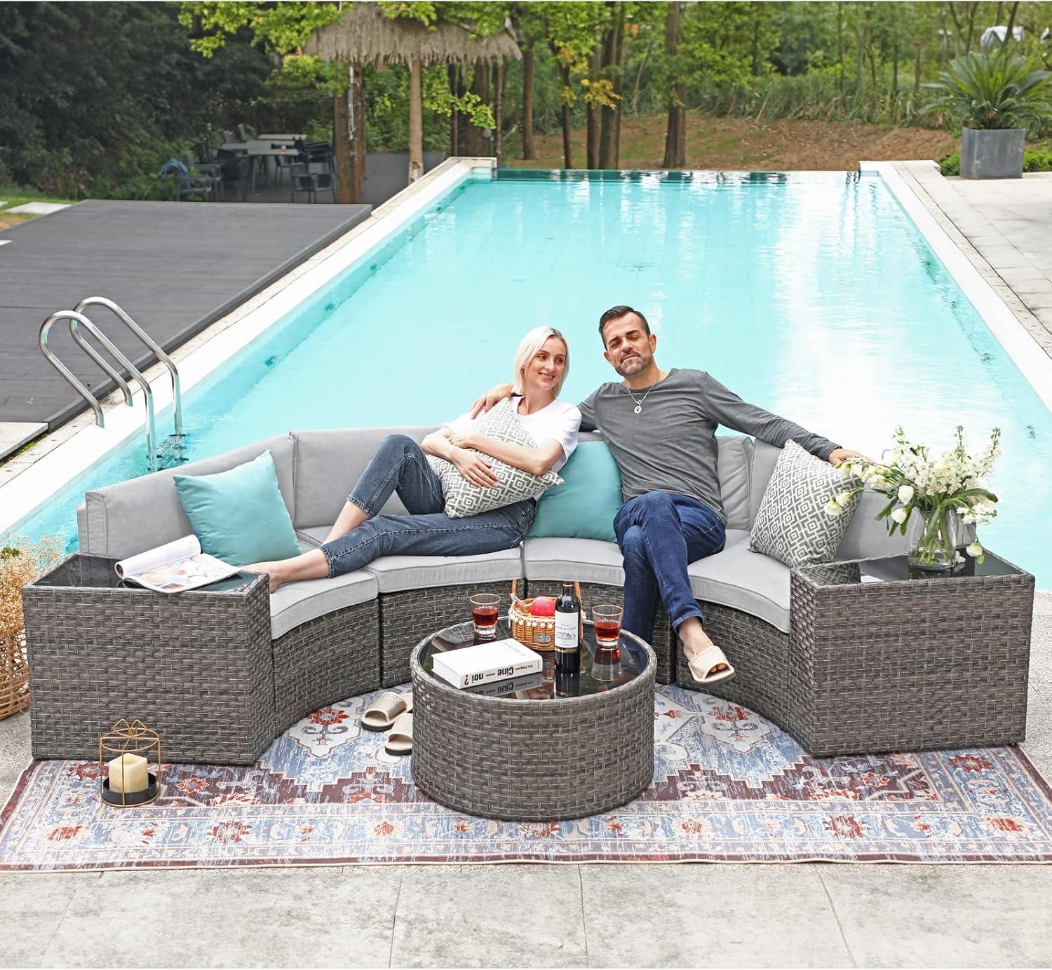 SUNSITT Outdoor Patio Furniture Sectional 7-Piece Half-Moon Curved Outdoor Sofa Set with Round Coffee Table, 4 Pillows & Waterproof Cover, Grey Rattan