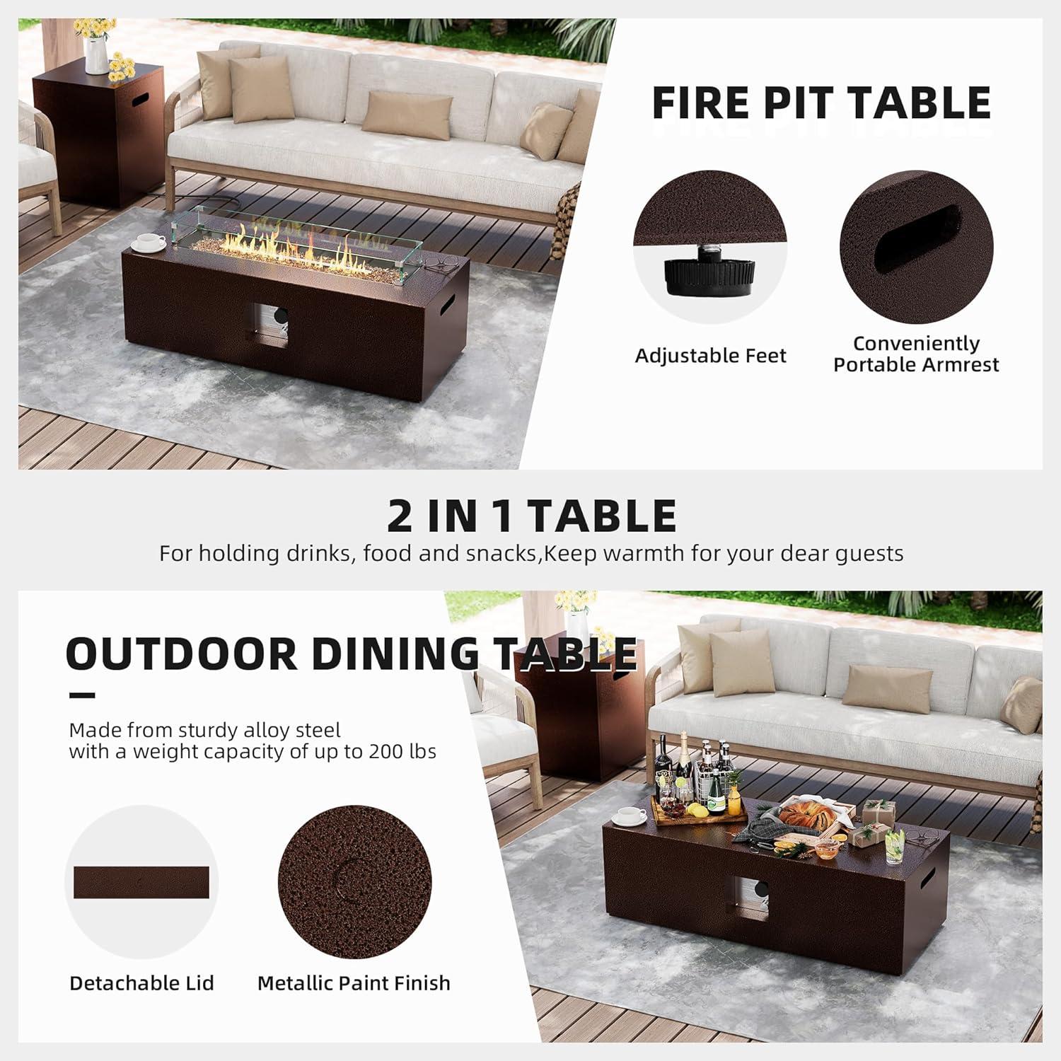 UPHA 42-inch Outdoor Propane Rectangle Fire Pit Table 50000 BTU Iron Gas FirePit for Outside Patio with Tank Cover, Removable Lid, Lava Rocks, Rain Cover, Grey