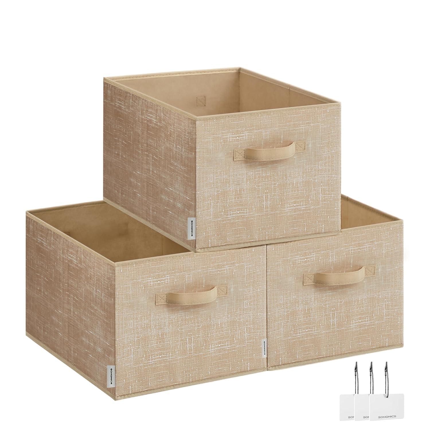 SONGMICS Storage Baskets, Set of 3 Fabric Storage Bins, 15.7 x 11.8 x 9.5 Inches, Foldable Closet Organizer for Shelves, 2 Handles, Label Holders, for Bedroom, Living Room, Sand Beige UROB440K01