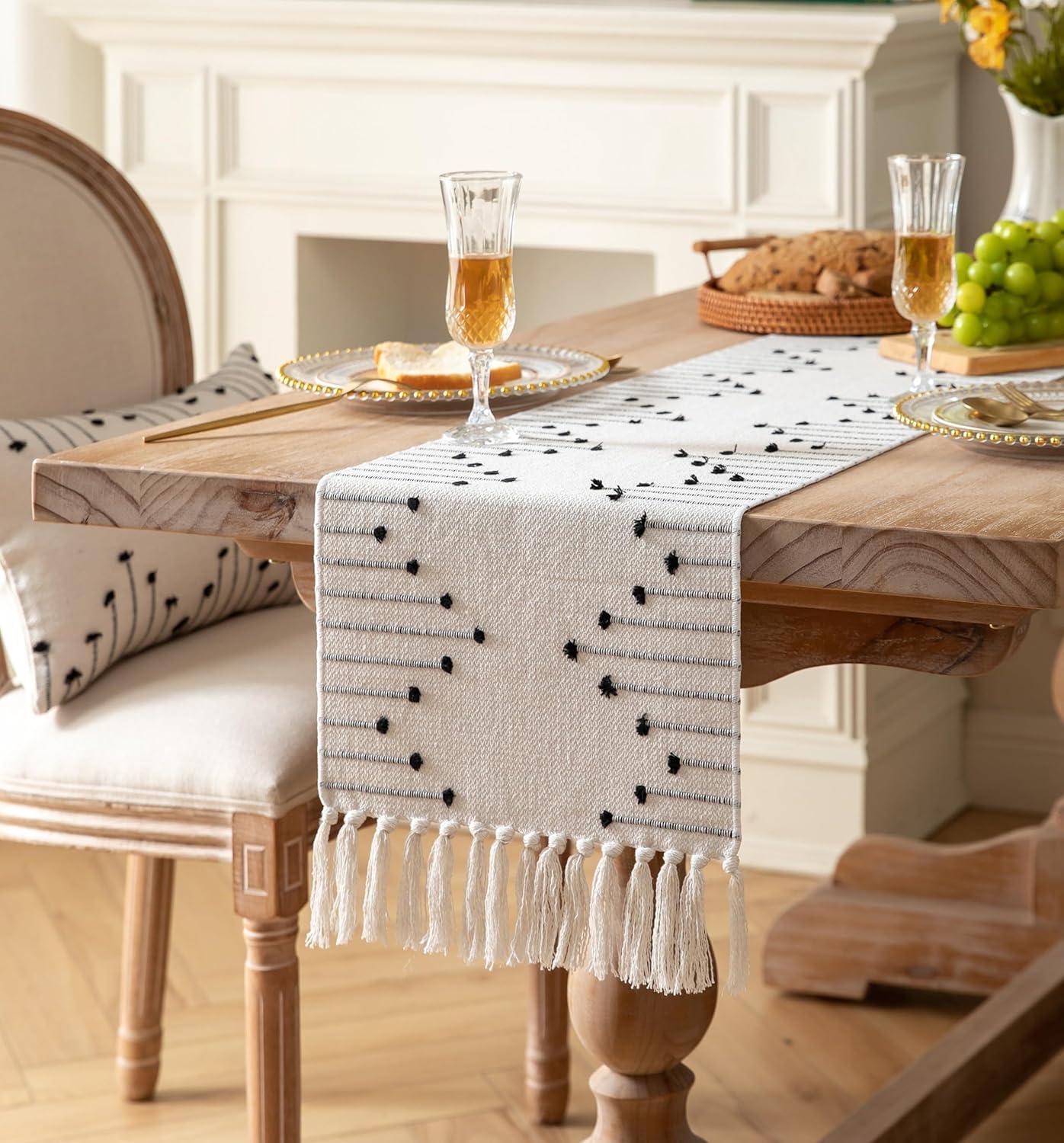 Table Runner 13 X 90 Inch Long Natural Cotton Woven Runner With Tassels For Home Dining Table Décor, For Modern Farmhouse Decor Coffee Table Runner