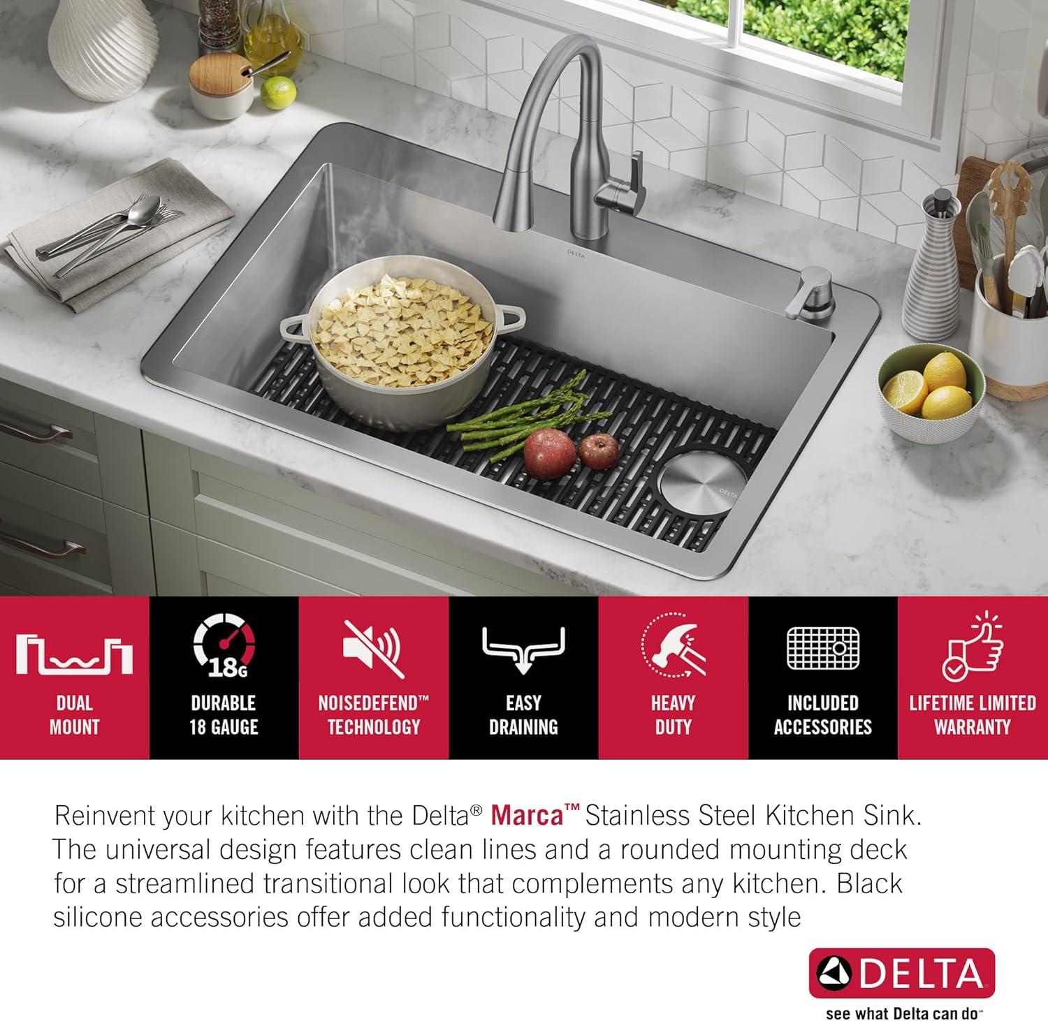 Delta Marca™ Drop-In Undermount Stainless Steel Single Bowl Kitchen Sink with Accessories