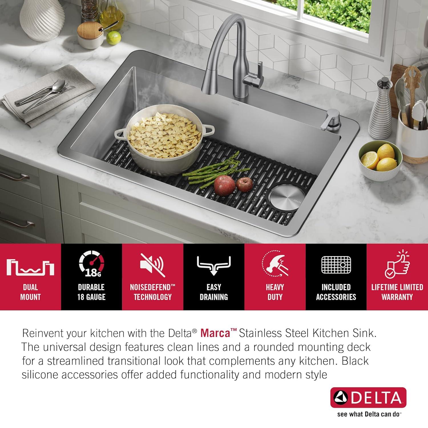 Delta Marca™ Drop-In Undermount Stainless Steel Single Bowl Kitchen Sink with Accessories