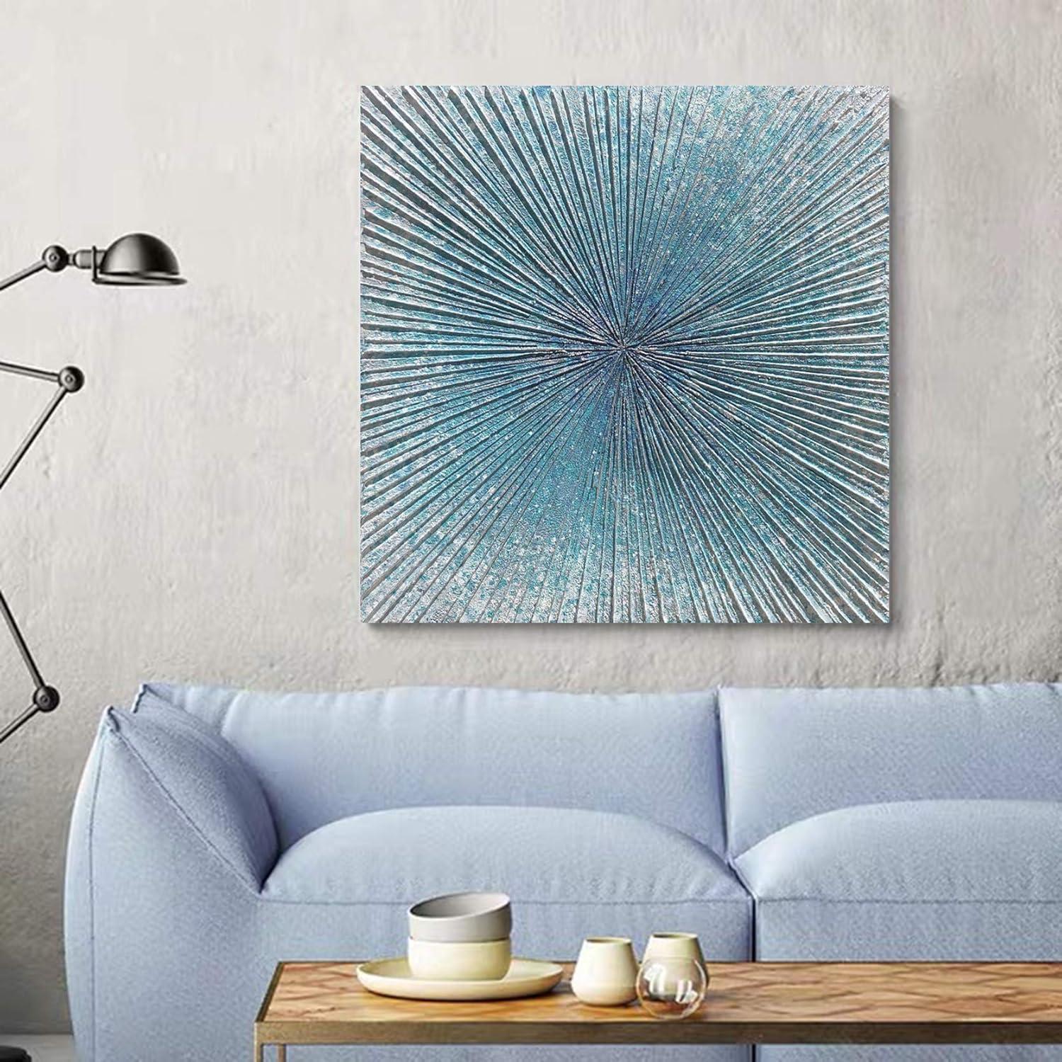 Arts Contemporary Abstract Living Room Wall Art Hand Painted Modern Teal Color Canvas Painting Pictures for Bedroom Bathroom Decor