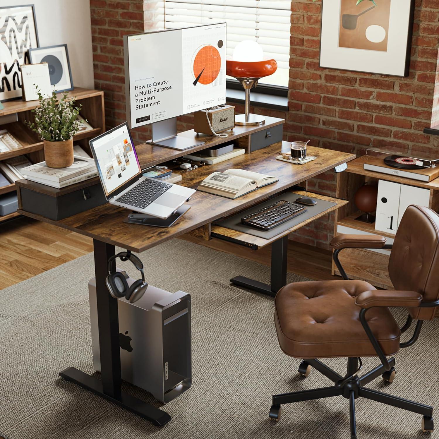 Rustic Brown Adjustable Height Standing Desk with Drawers and Shelf