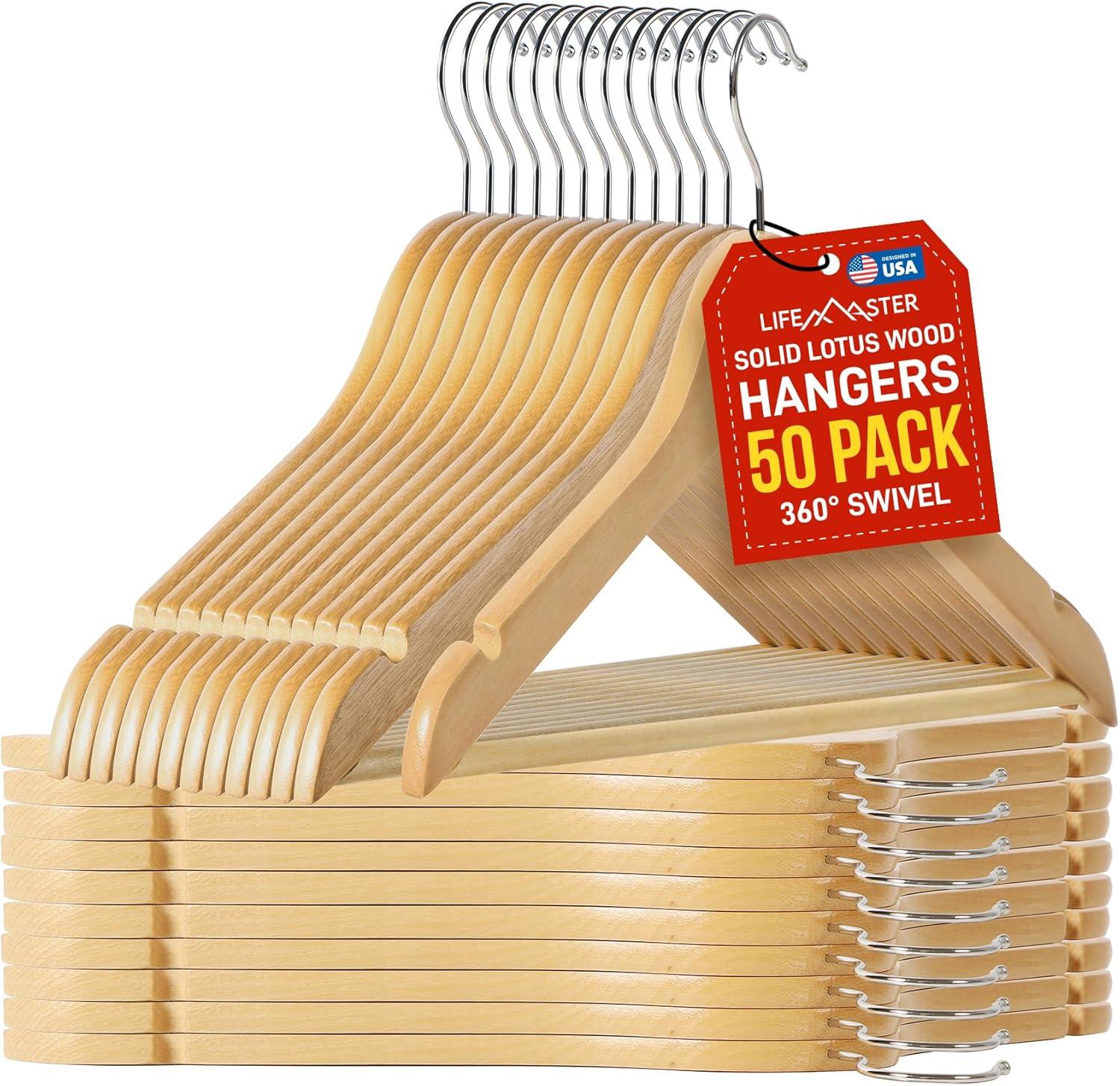 Lifemaster Natural Maple Wooden Suit Hangers with Swivel Hook, 50 Pack