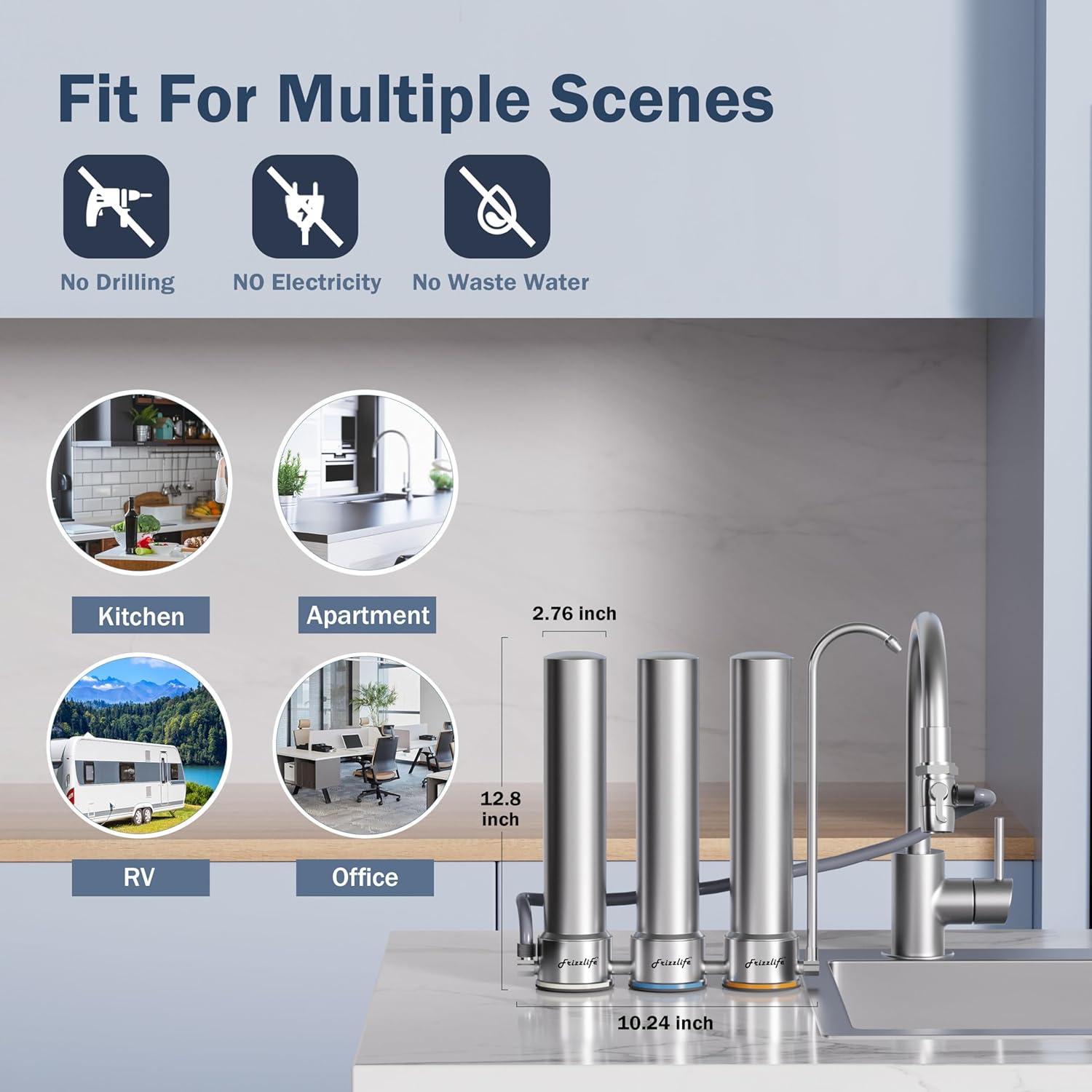 Frizzlife DS99 Dual Countertop Water Filter System, 8-Stage Stainless Steel Faucet Water Filtration System