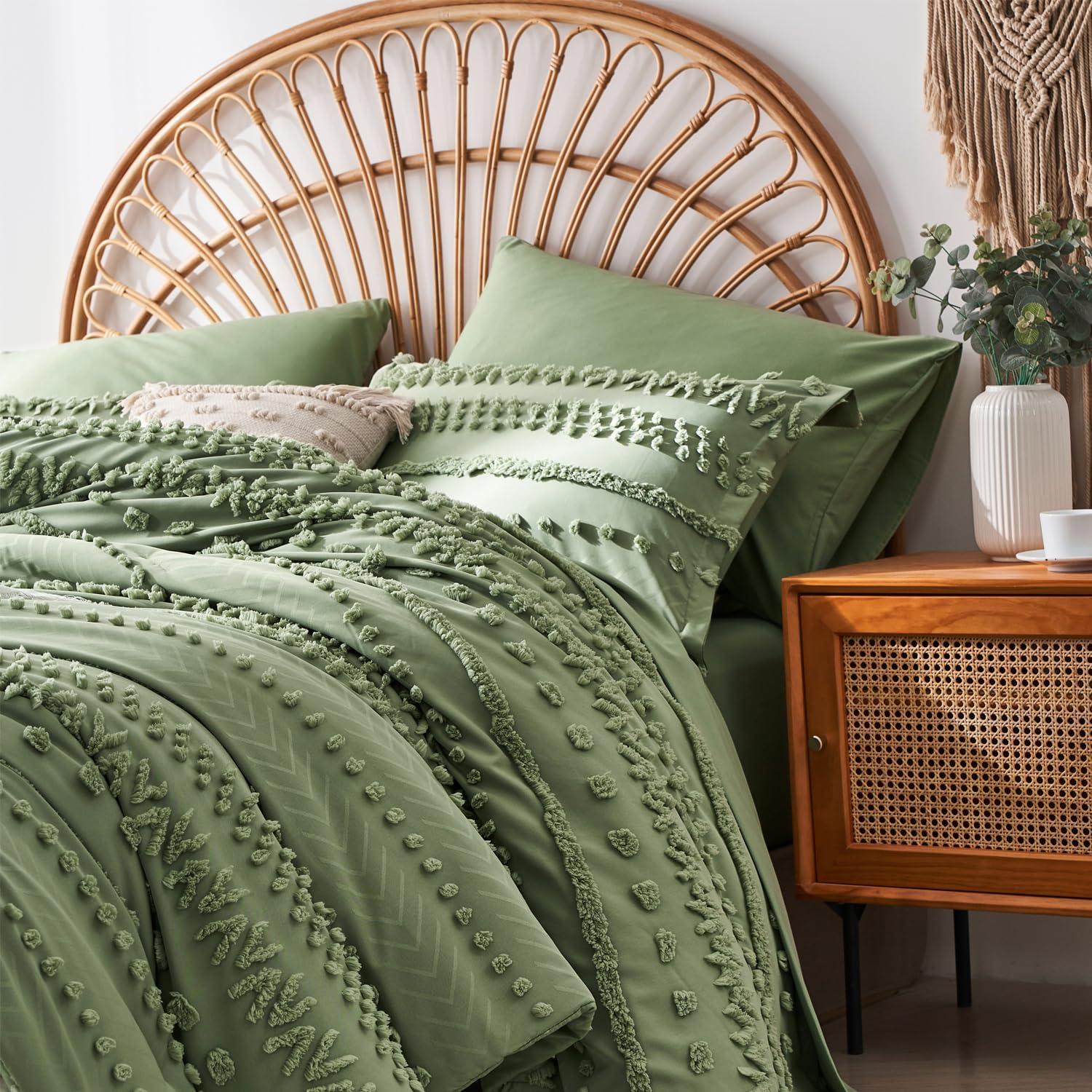 Sage Green Microfiber King Boho Comforter Set with Pom-Pom Accents