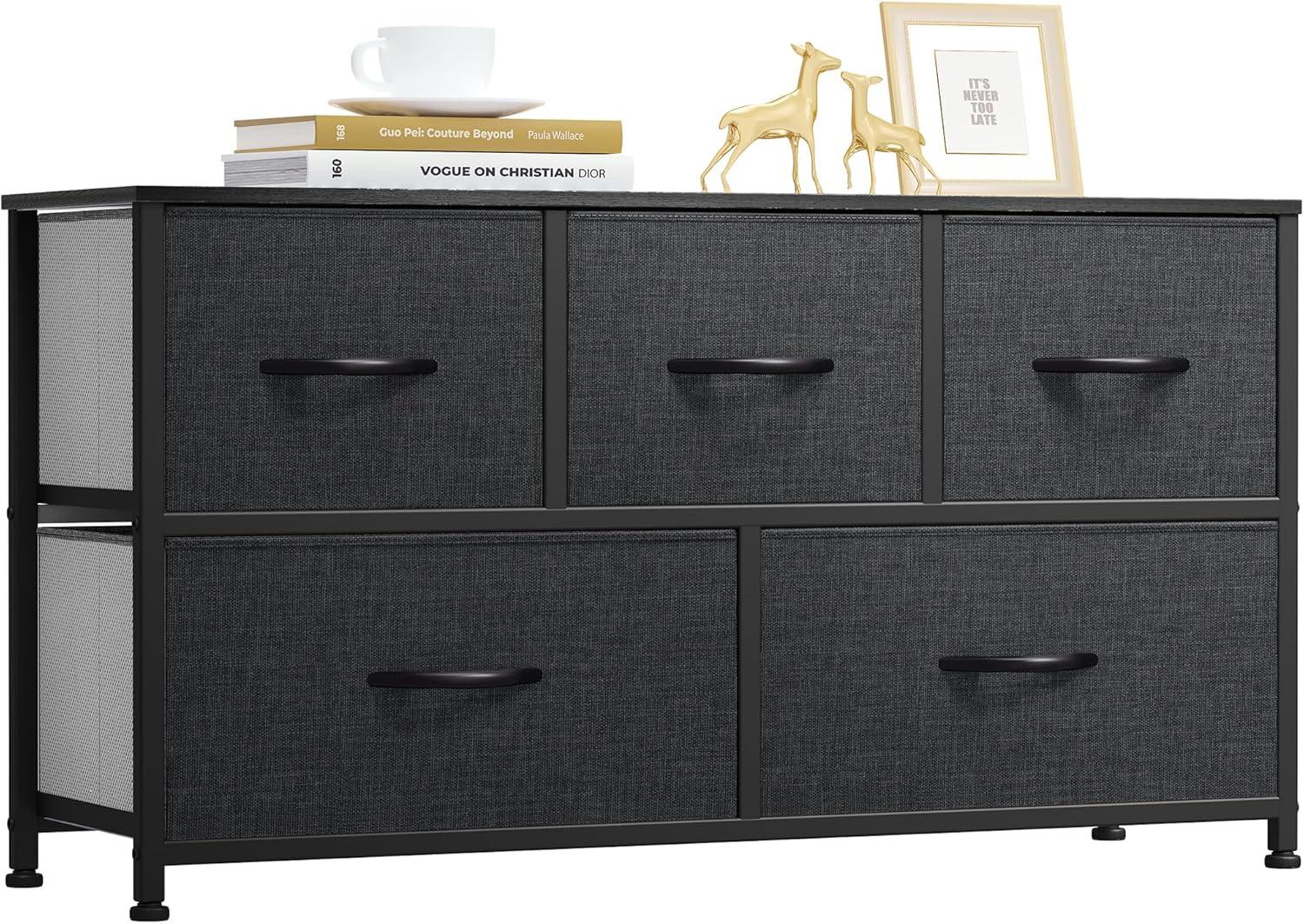 Black and Grey 5-Drawer Fabric Dresser with Metal Frame