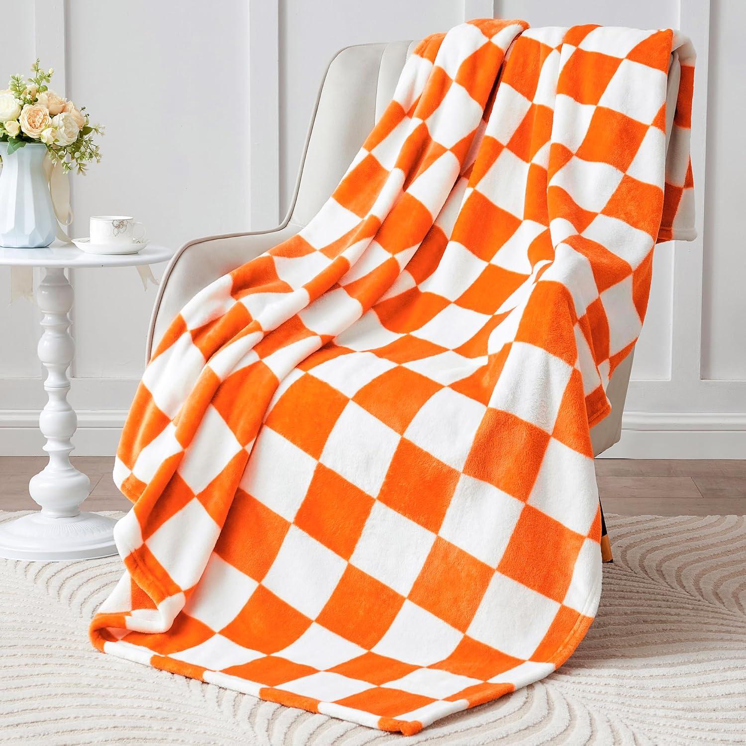 Checkered Throw Blanket for Couch and Bed, Luxurious Fleece Blanket with Checkerboard Grid Home Decor, Soft Cozy Orange and White Warm Blankets for Spring, 50"x60"