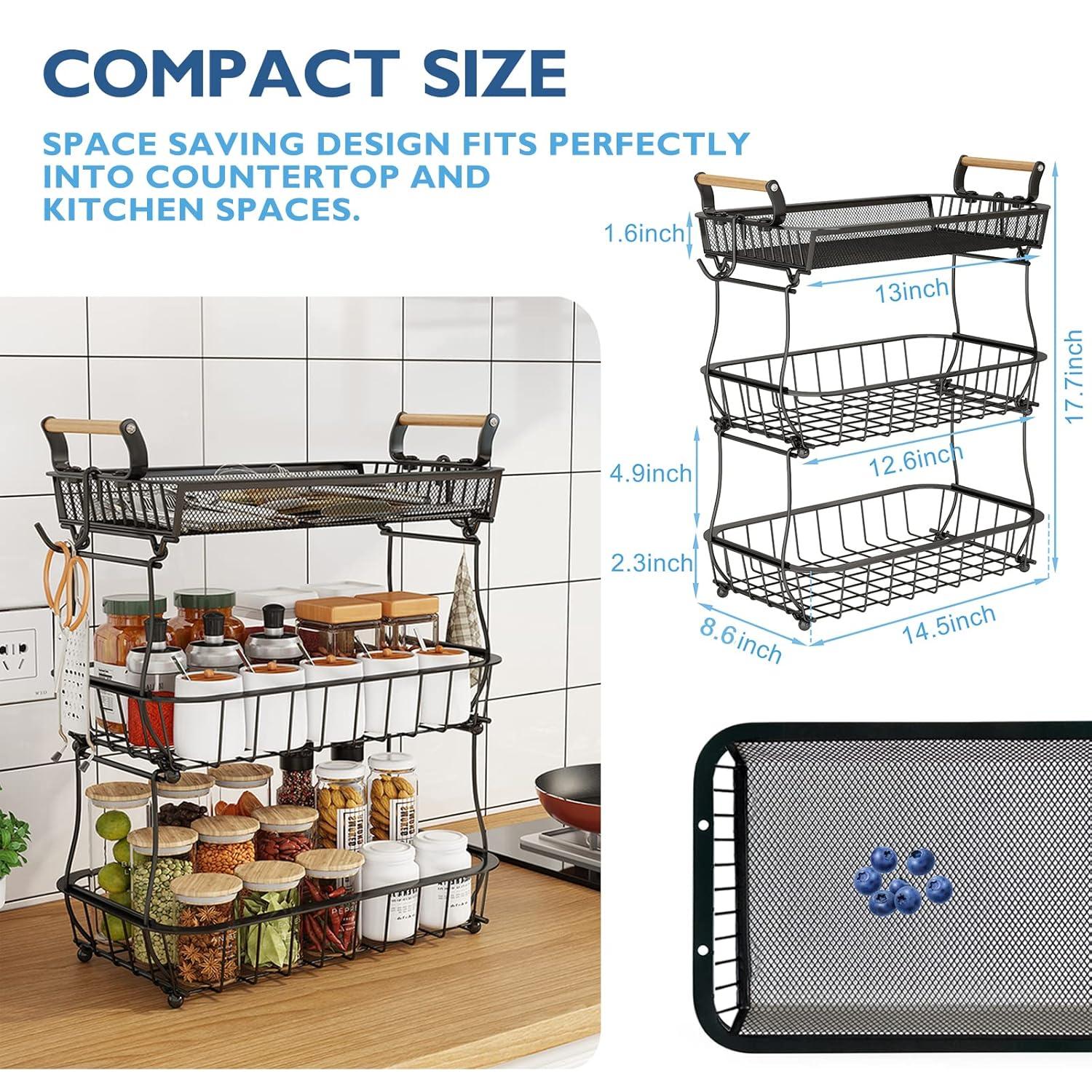 3 Tier Fruit Basket Bowl with 2 Banana Hangers for Kitchen Counter, Vegetable Countertop Produce Storage Holder, Large Capacity Metal Wire Fruits Stand Organizer for Onion Potato Bread Snack, Black