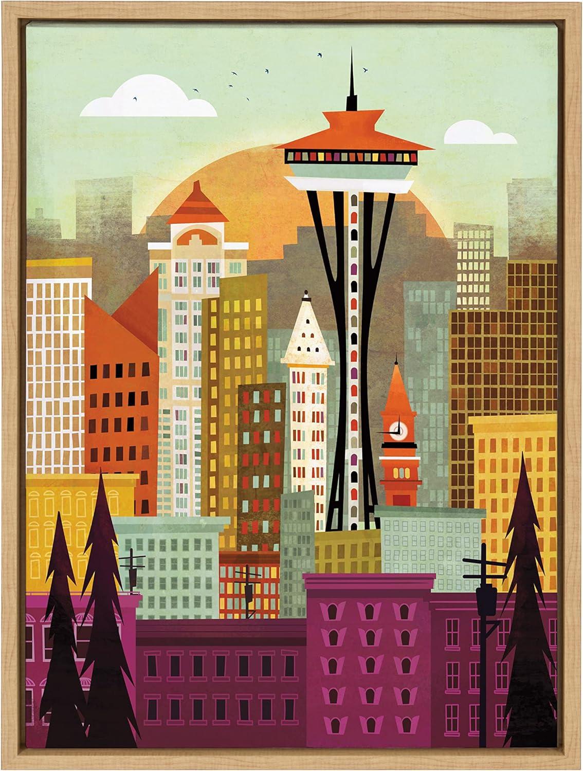 Kate and Laurel Sylvie Seattle Skyline Framed Canvas Wall Art by Amber Leaders Designs, 18x24 Natural, Fun Illustrated City Skyline Art for Wall