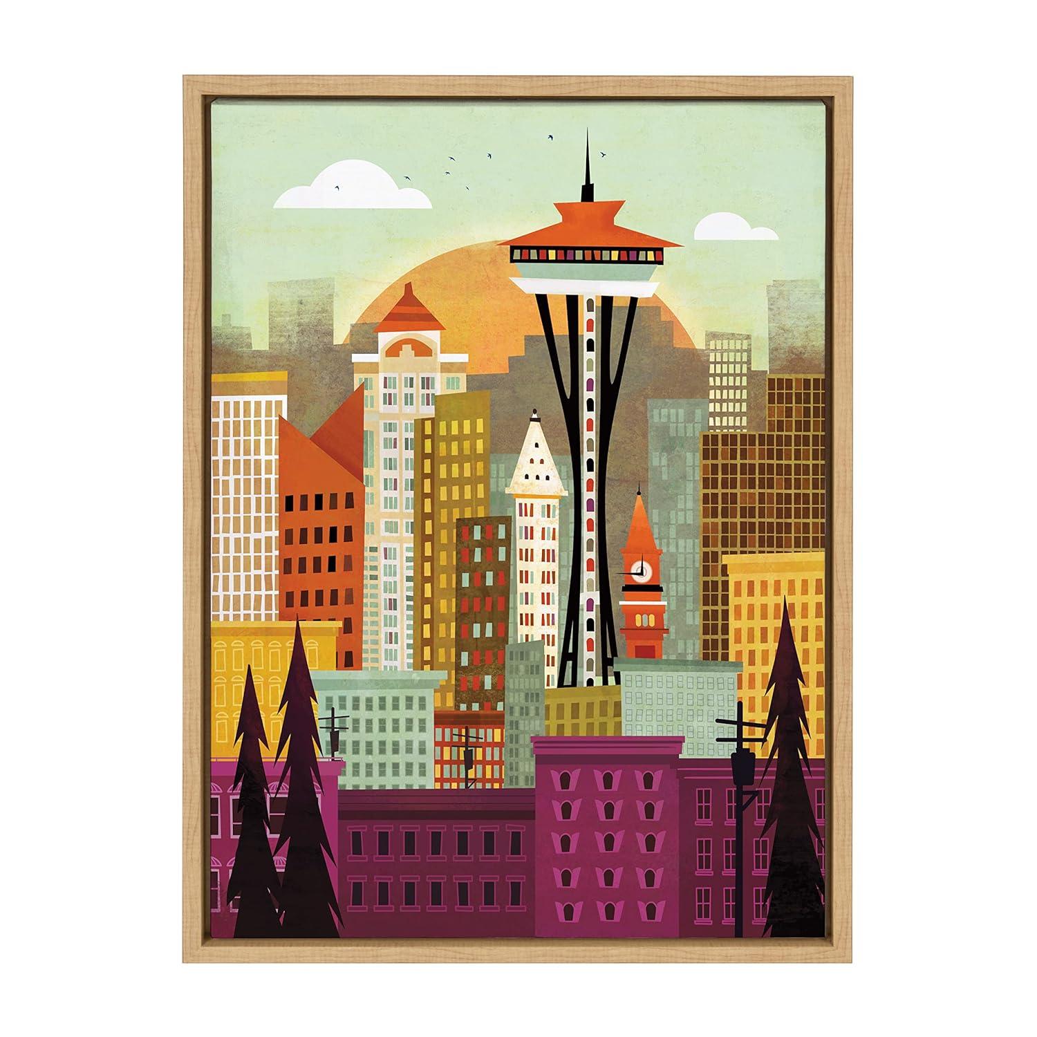 Kate and Laurel Sylvie Seattle Skyline Framed Canvas Wall Art by Amber Leaders Designs, 18x24 Natural, Fun Illustrated City Skyline Art for Wall