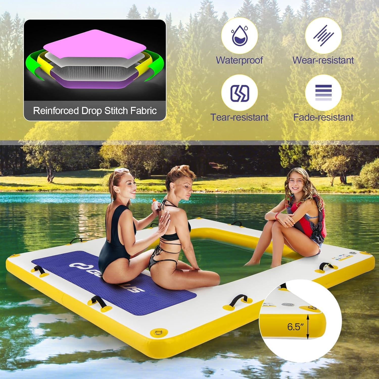 Goplus Inflatable Floating Dock, 8FT x 8FT x 6.5 Inch Thick Swim Dock Platform w/Mesh Swim Area, Non-Slip Pad, Portable Bag, Portable Bag, Water Mat Raft for Lake, Beach, River, Pool