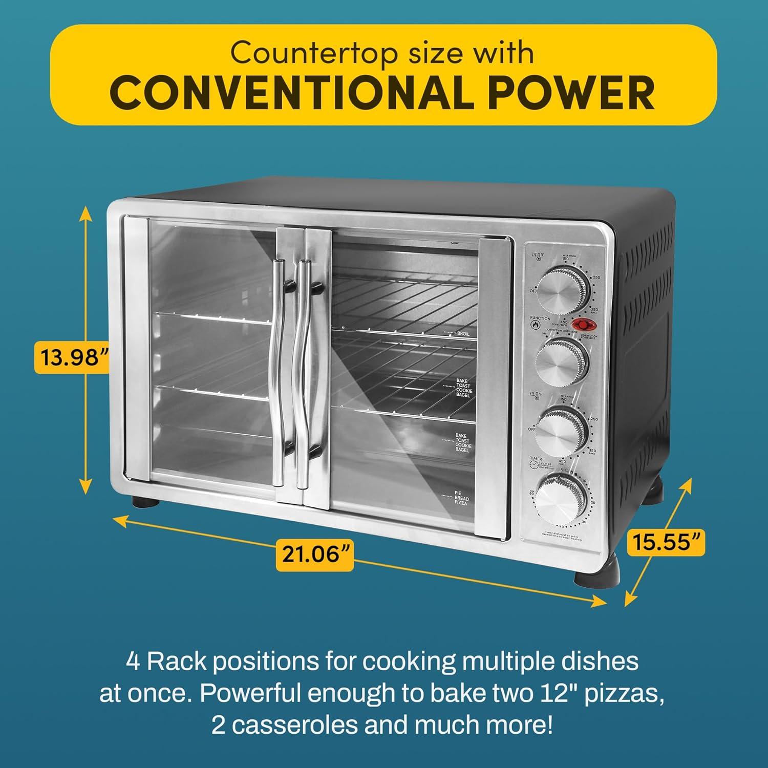 MODERN WALLS LLC French Door 47.5Qt, 18-Slice Convection Oven 4-Control Knobs, Bake Broil Toast Rotisserie Keep Warm, Includes Pizza Racks