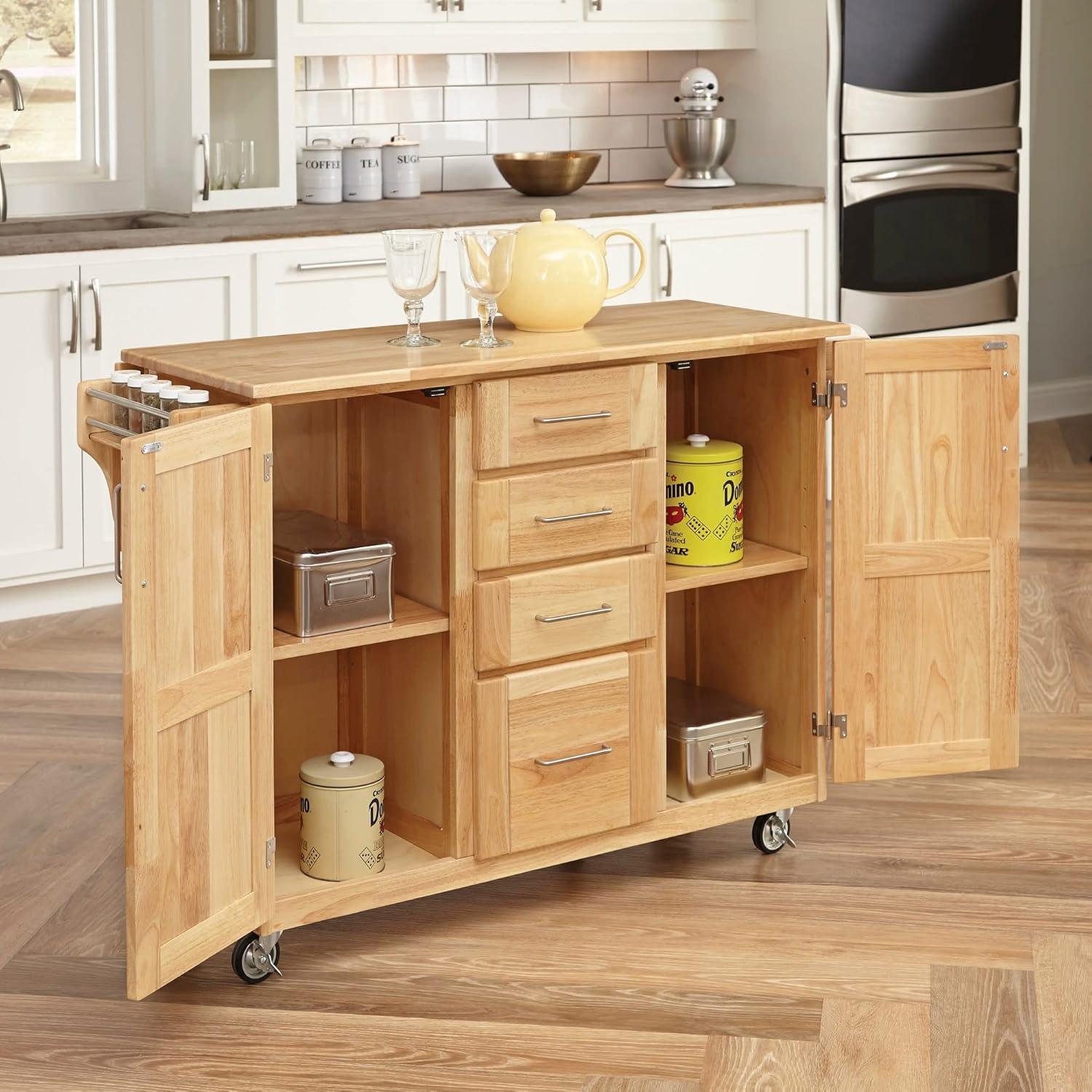 Breakfast Bar Kitchen Cart with Wood Top Natural - Home Styles: Rolling Island Storage, 2 Shelves, 2 Doors