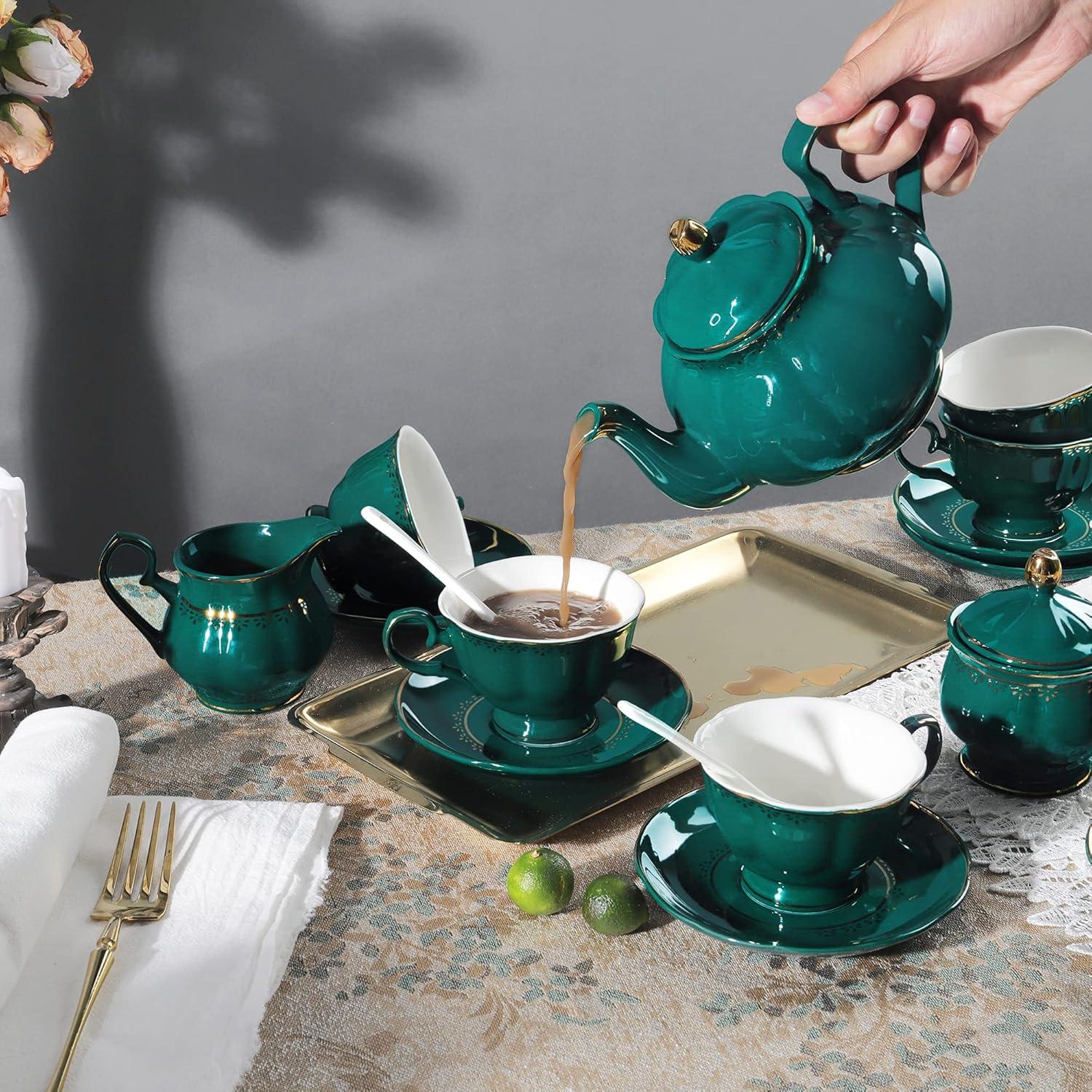Rosdorf Park Malerba 21 Piece Vintage Porcelain Tea Set, Green With Gold Trim China Coffee Service For 6, Large Teapot, Tea Cup And Saucers Set, Christmas Gifts