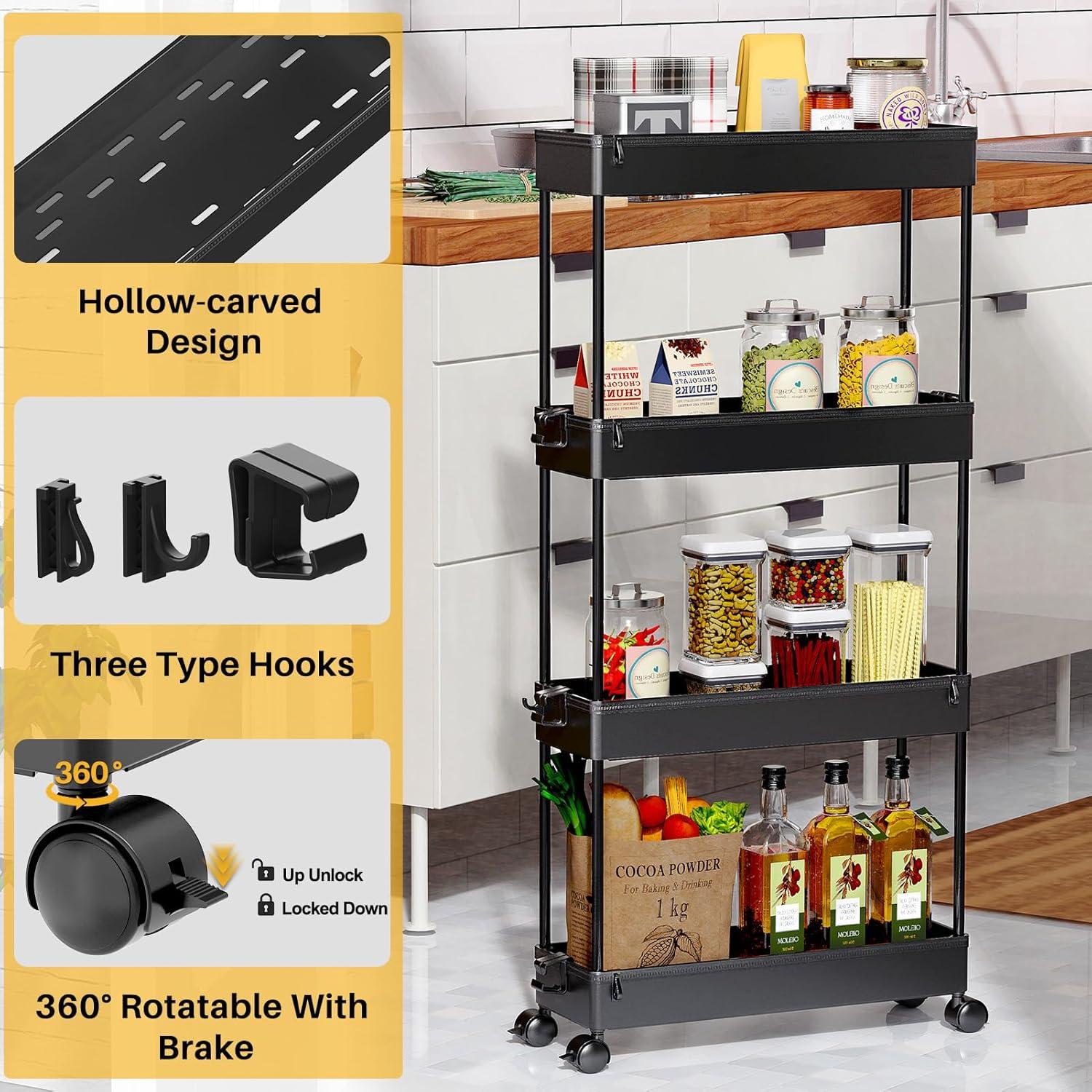 Black 4-Tier Rolling Storage Cart with Adjustable Shelves