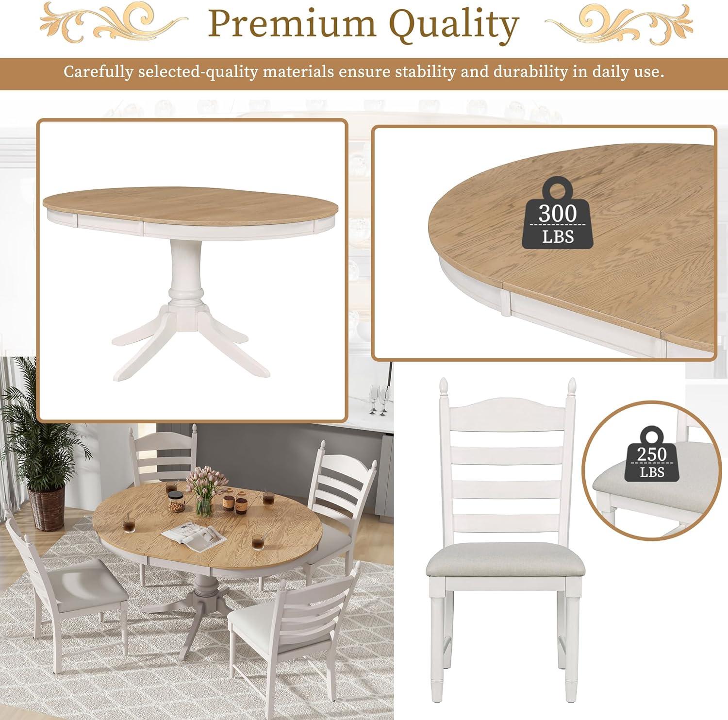 MERITLINE Dining Table Set, 5-Piece Retro Functional Dining Table Set, Wood Round Extendable Dining Table and 4 Upholstered Dining Chairs（Off White）