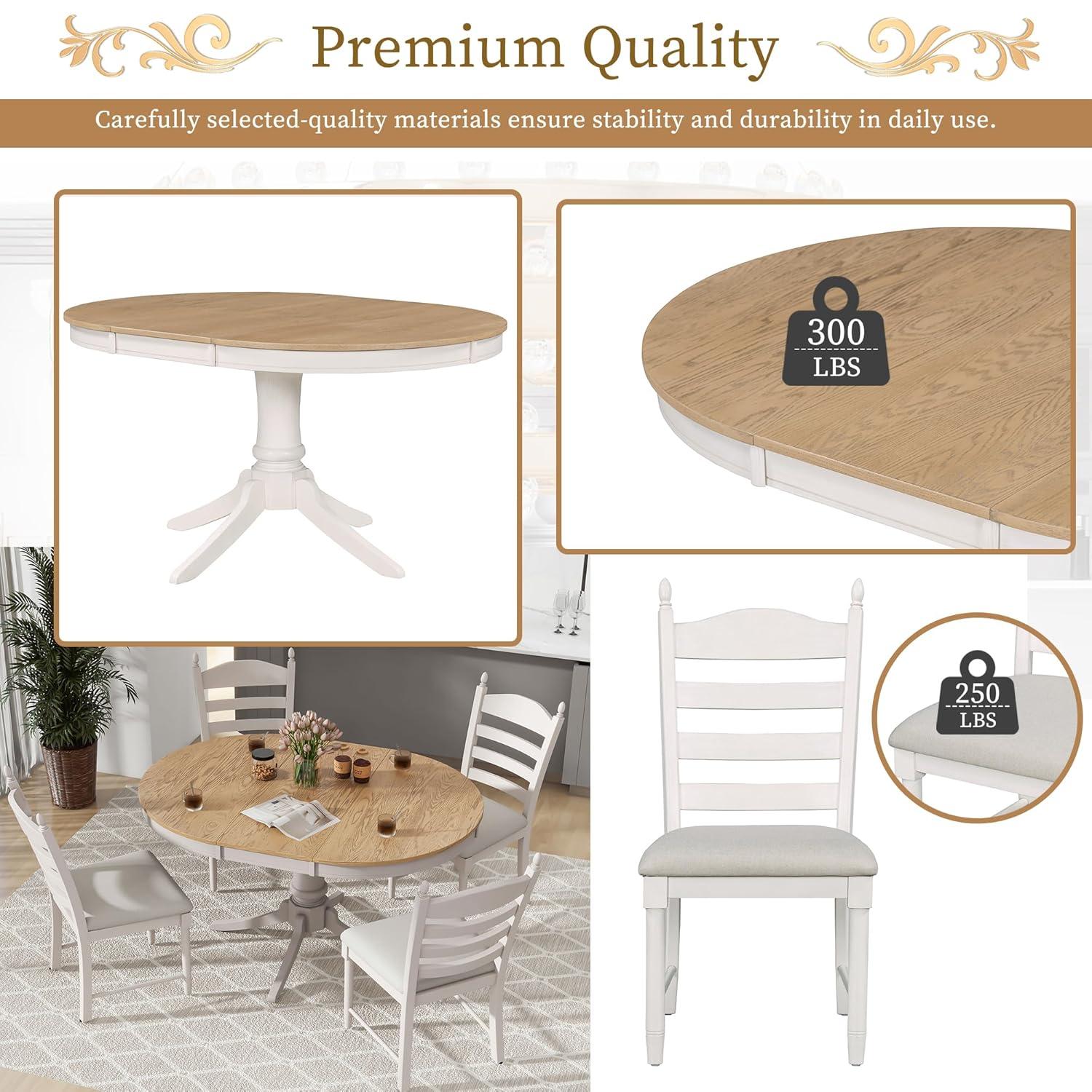 MERITLINE Dining Table Set, 5-Piece Retro Functional Dining Table Set, Wood Round Extendable Dining Table and 4 Upholstered Dining Chairs（Off White）