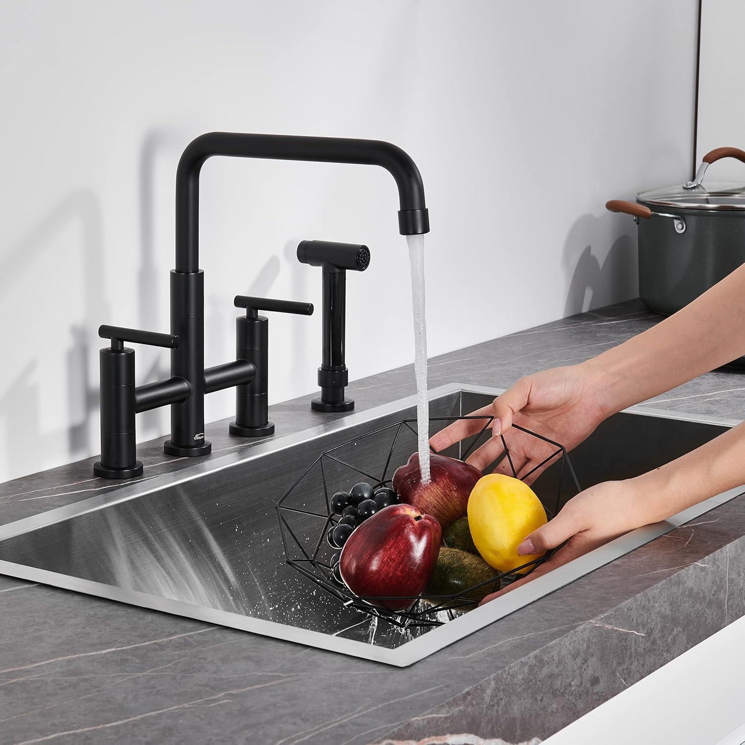 Double Handle Bridge Kitchen Faucet in Brushed Gold, with Put Out Side Sprayer