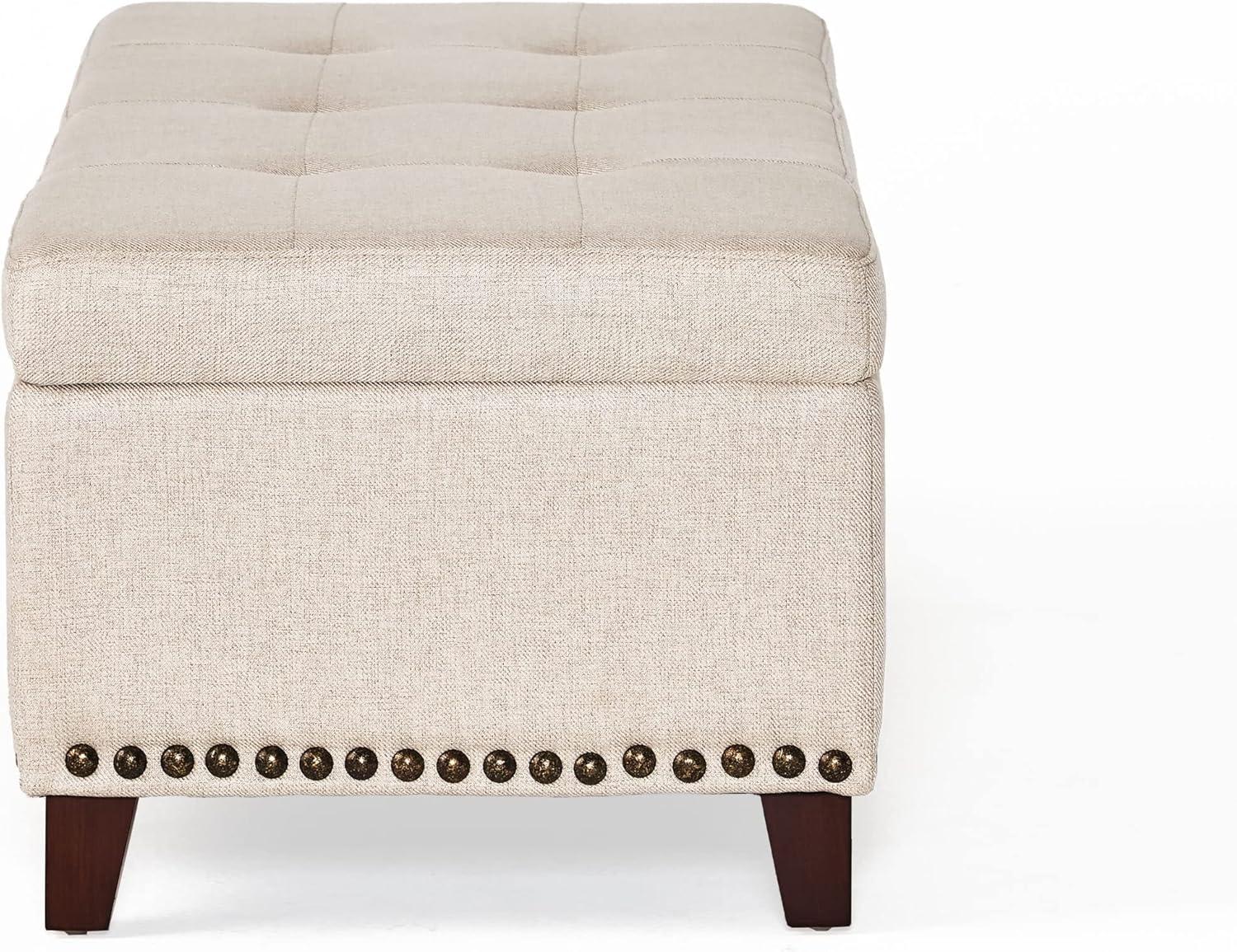 Beige Tufted Fabric Storage Ottoman with Nailhead Trim