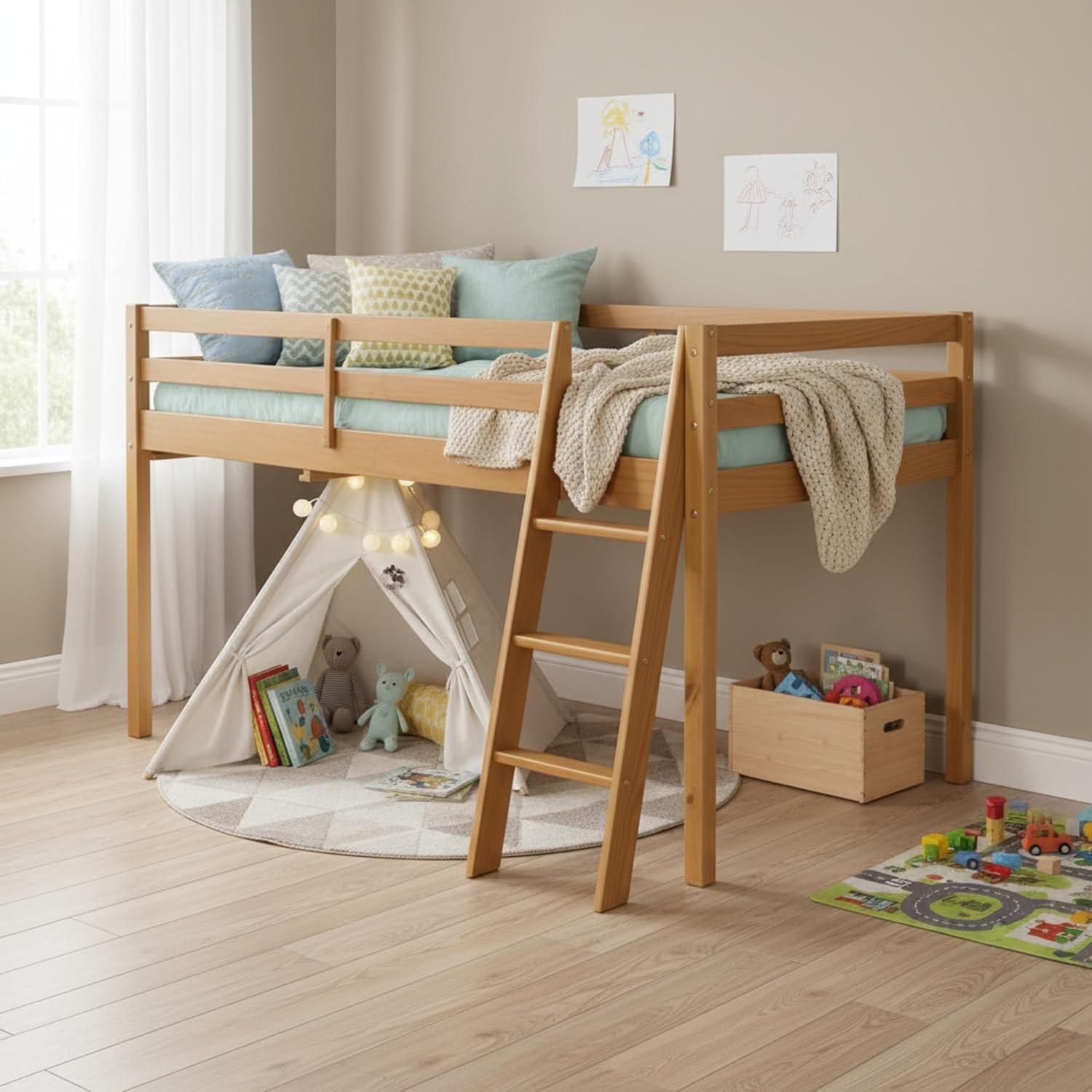 Kwinana Roxy Twin Size Junior Wood Loft Bed, Sturdy Wooden Frame for Kids - Includes Built-in Side Desk & Open Shelving for Storage, Children's Furniture