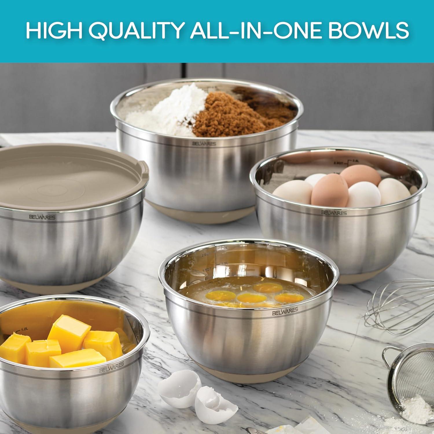 Toledo Bath & Kitchen Stainless Steel Mixing Bowls With Lids, 5-Pack Metal Nesting Bowls With Airtight Covers For Cooking, Baking, Serving, Storage, Non-Toxic & Dishwasher Safe, Size 4.6/3/1.5/1/0.7QT - Khaki