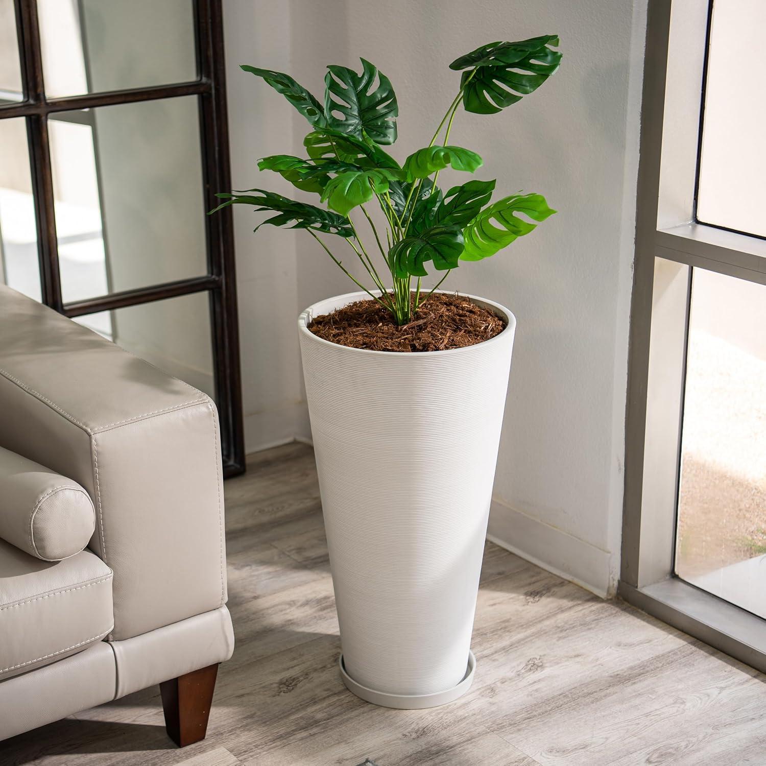 White Tall Round Self-Watering Indoor/Outdoor Planters Set