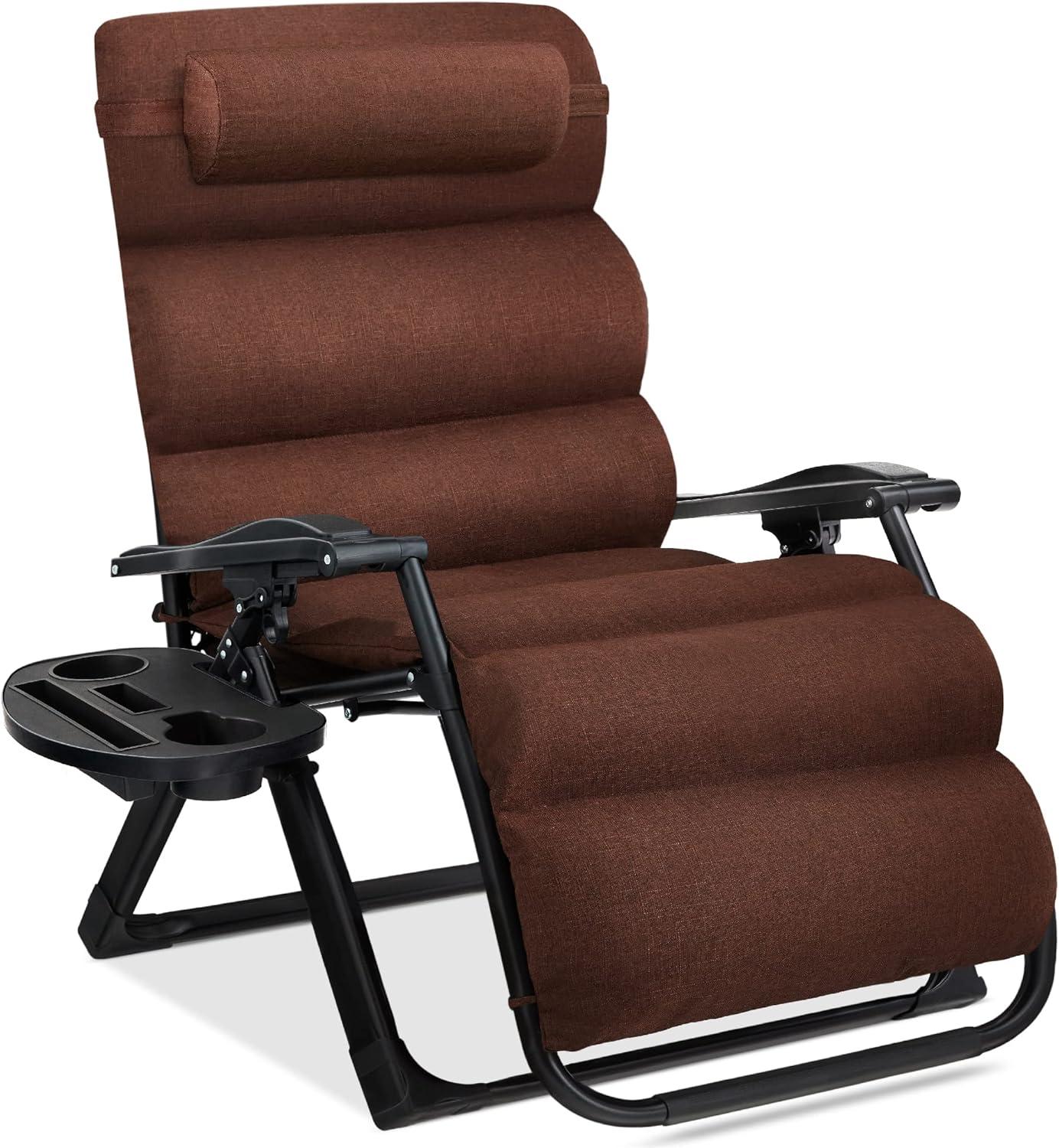 Best Choice Products Oversized Zero Gravity Chair, Folding Recliner w/ Removable Cushion, Side Tray - Woodland Brown