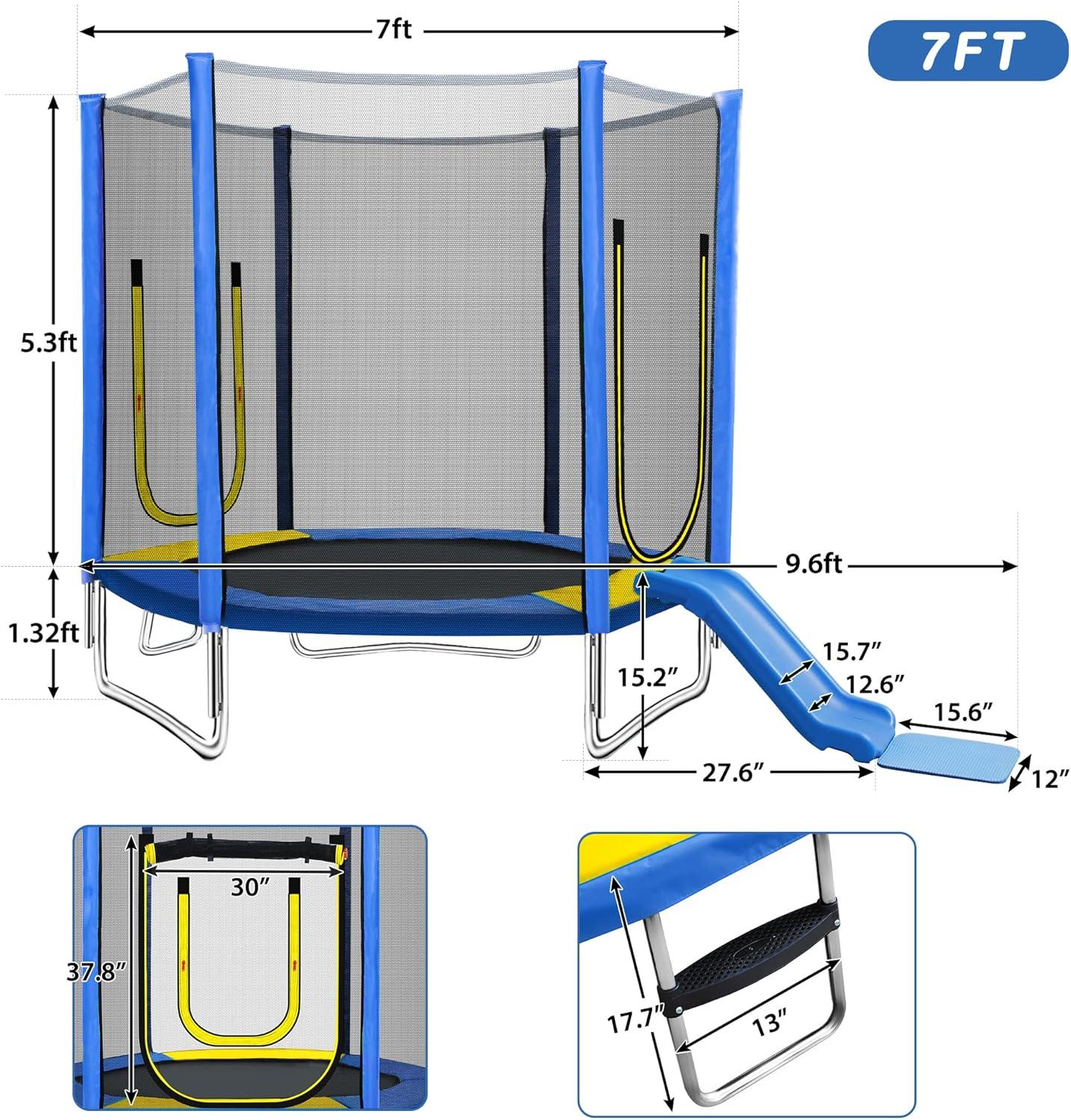 7FT Blue Round Kids' Trampoline with Enclosure and Slide