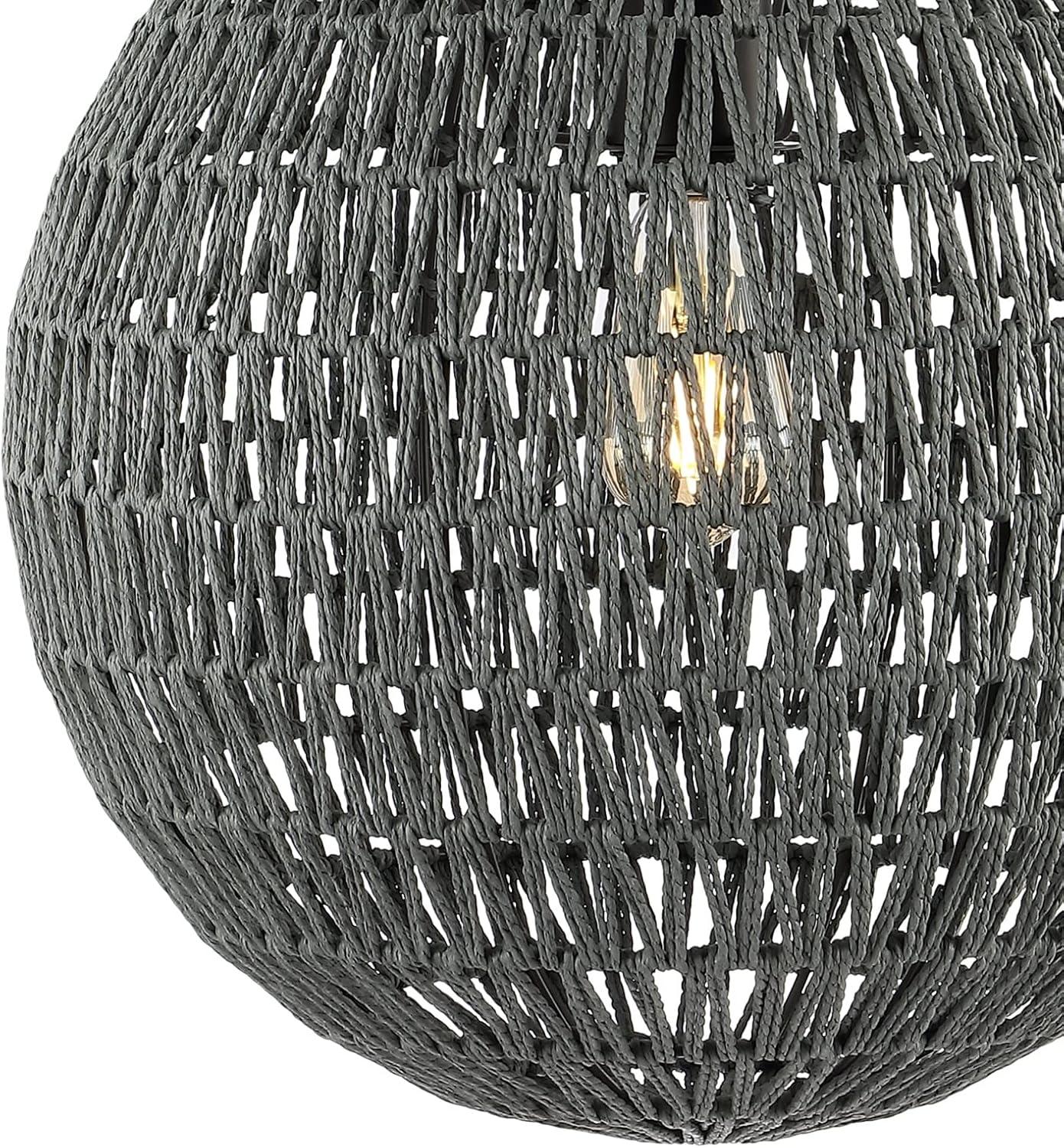 Luna 15.75" 1-Light Bohemian Modern Woven Rattan/Iron LED Pendant, Grey/Black