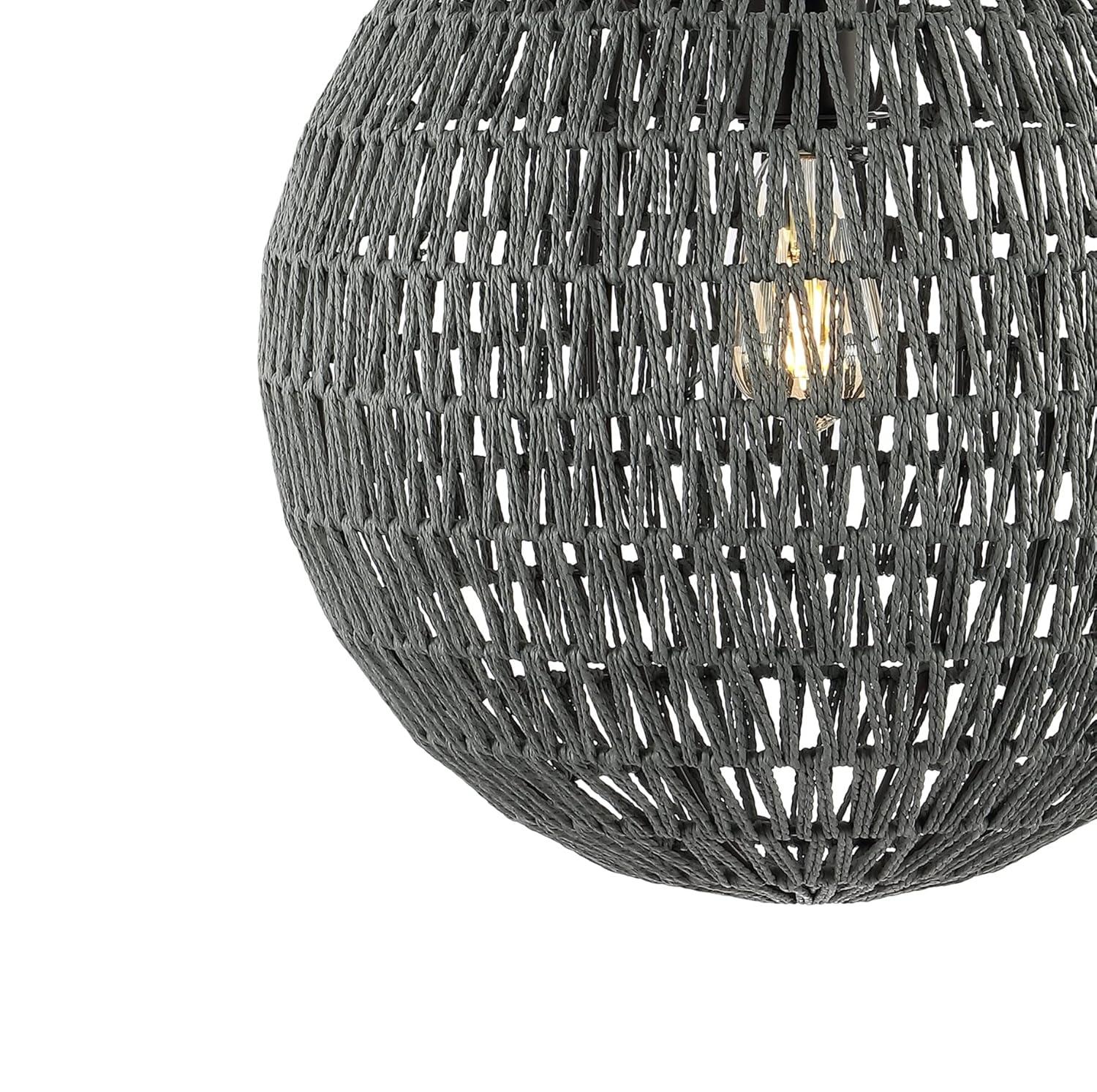 Luna 15.75" 1-Light Bohemian Modern Woven Rattan/Iron LED Pendant, Grey/Black