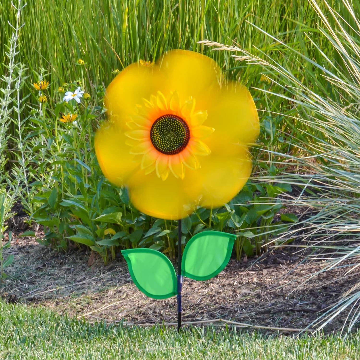 In the Breeze 2791 — 12 Inch Yellow Sunflower Spinner with Leaves — Colorful Flower for Your Yard and Garden