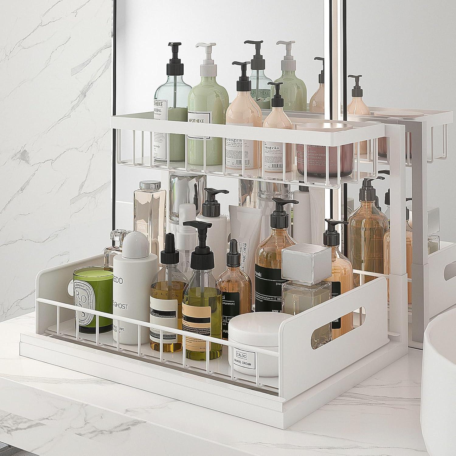 Delamu 2 Pack Under Sink Organizer and Storage, 2 Tier Pull Out Cabinet Organizer, Slide Out Under Sink Storage Shelf for Kitchen Bathroom, White