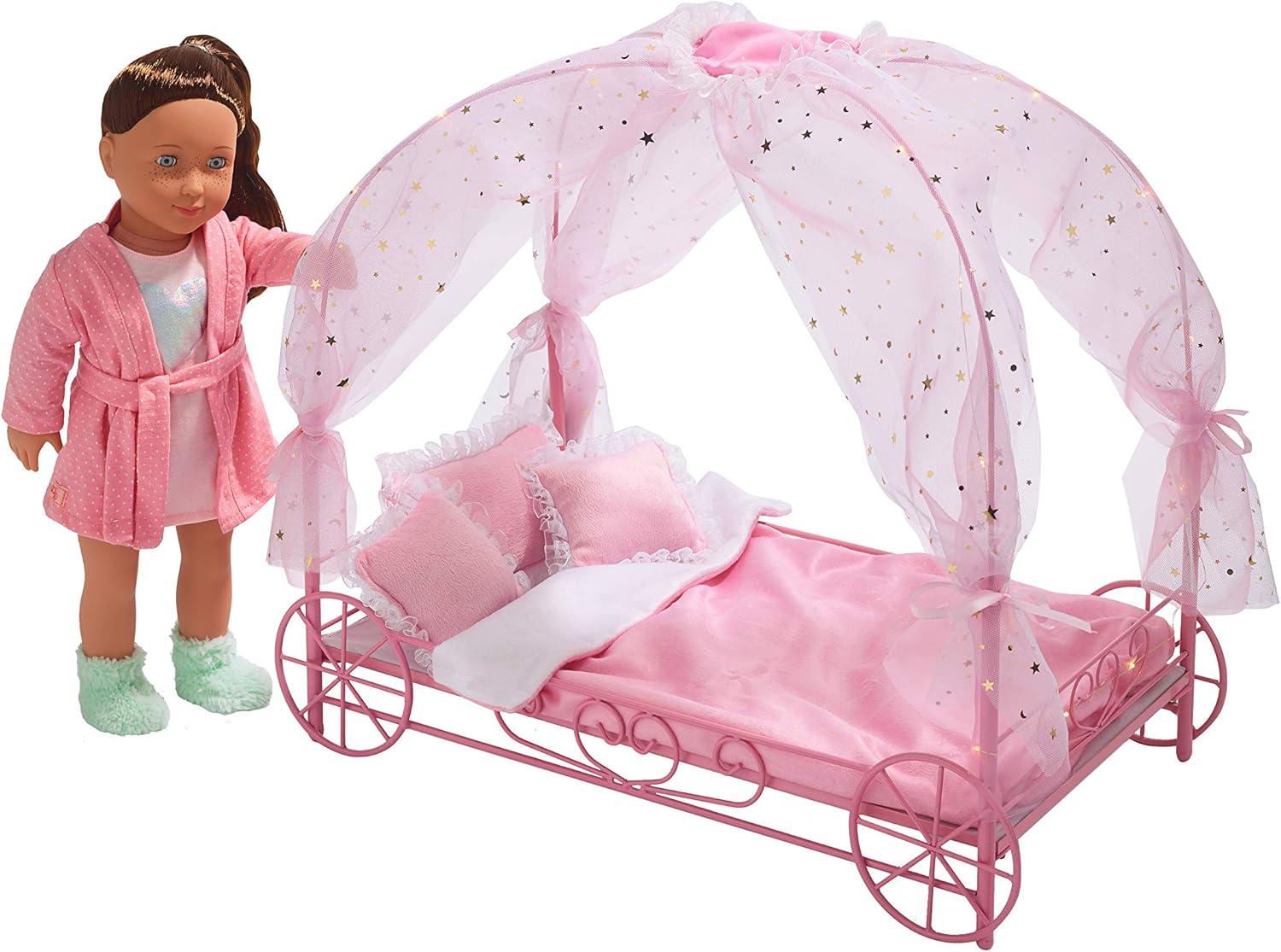 Badger Basket Royal Carriage Doll Bed with Canopy, Bedding and LED Lights