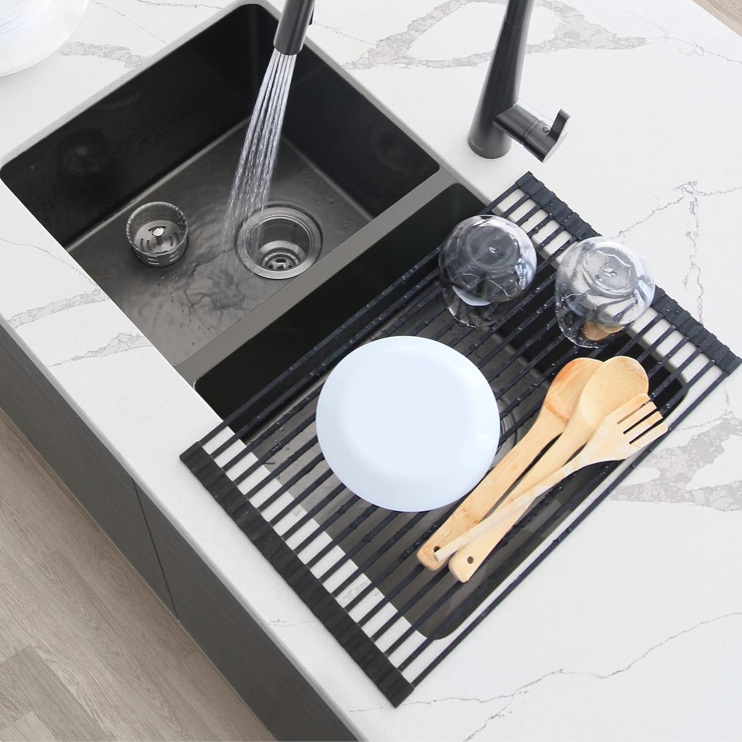 STYLISH Over The Sink Roll Up Dish Drying Rack Heat Resistant Trivet for Drying Dishes and Rinsing Vegetables Dark Grey A-900DG