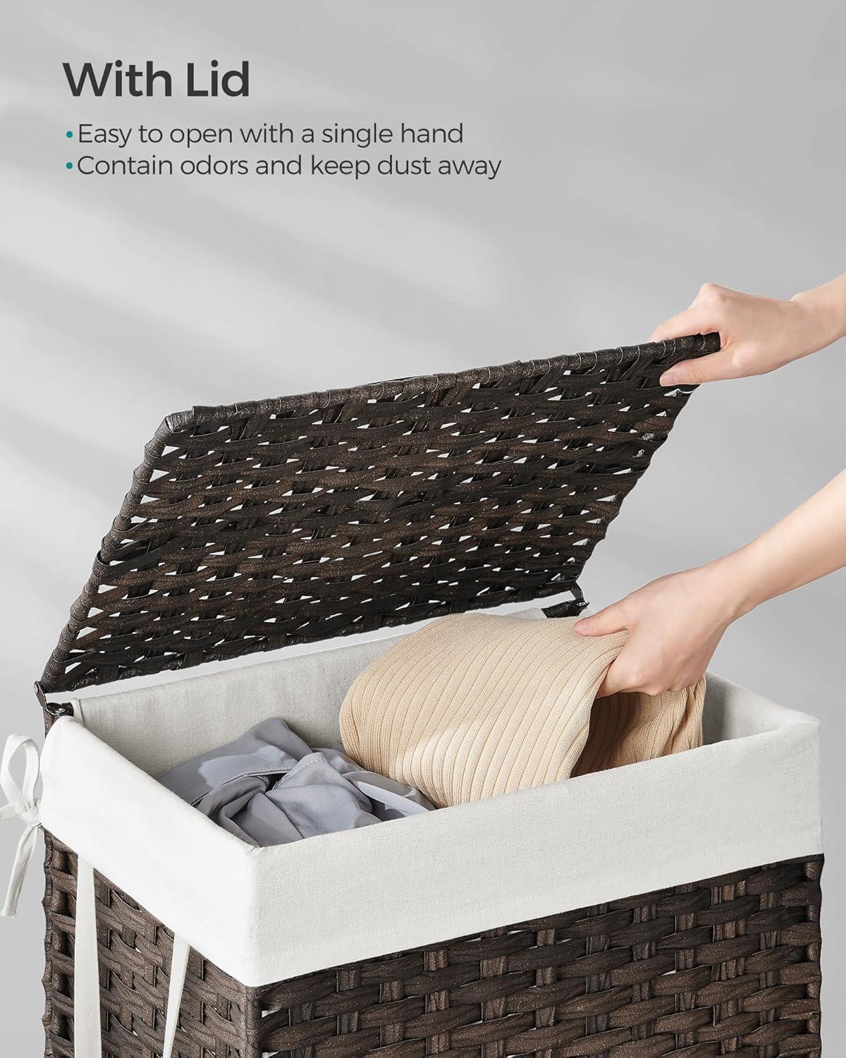 SONGMICS 23.8 Gal (90L) Laundry Hamper Laundry Basket with Lid and Handles Wicker hamper Foldable Removable Liner Bag Brown