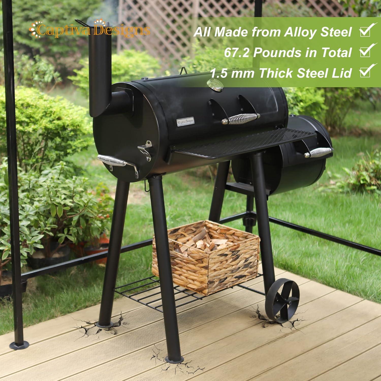 Black Alloy Steel Charcoal Grill with Offset Smoker