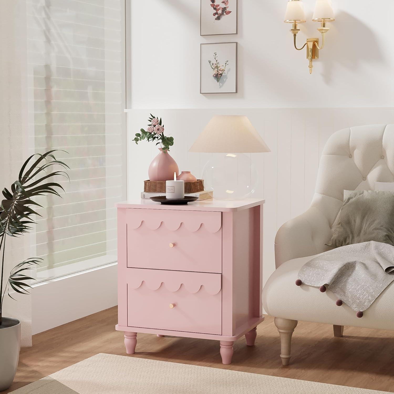 Pink MDF 2-Drawer Scalloped Nightstand with Solid Wood Legs