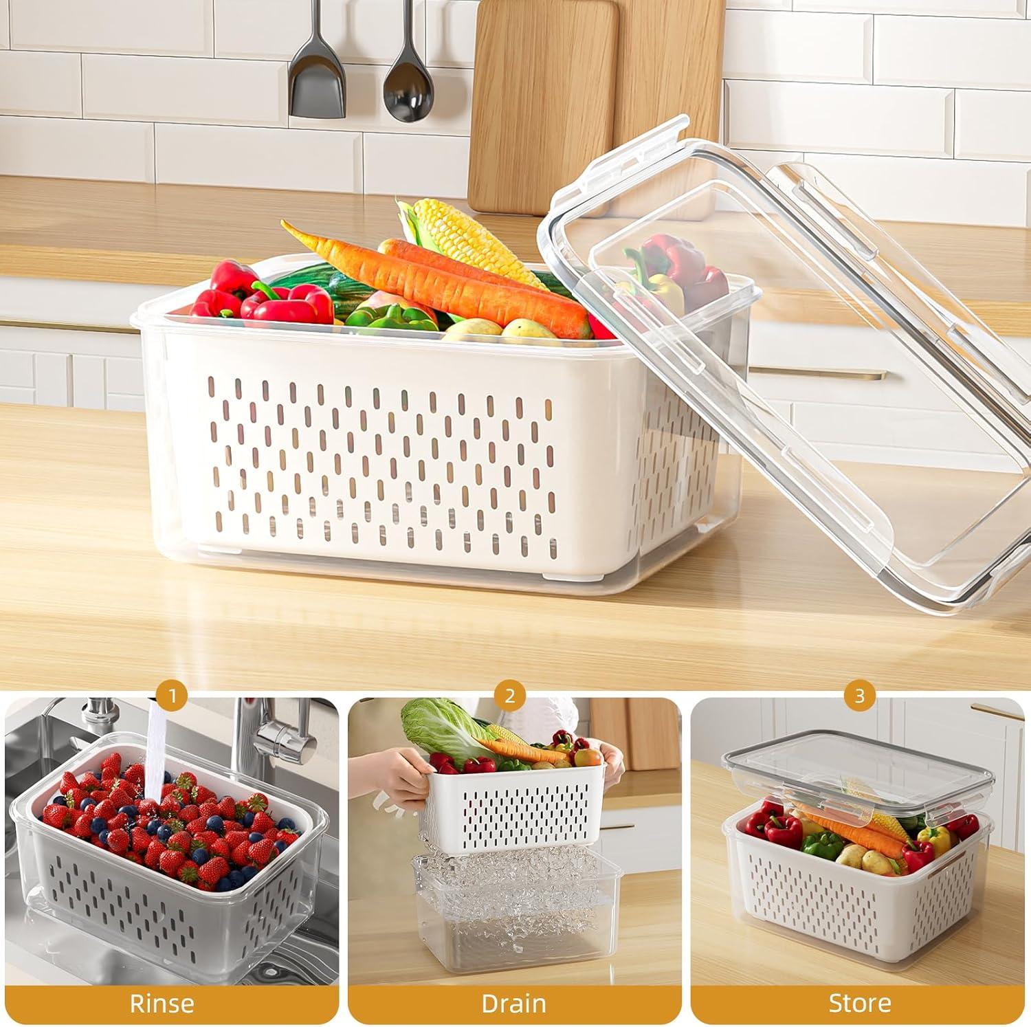 6 PCS Large Fruit Containers for Fridge - Leakproof Food Storage Containers with Removable Colander - Dishwasher & Microwave Safe Produce Containers Keep Fruits, Vegetables, Berry, Meat Fresh longer…