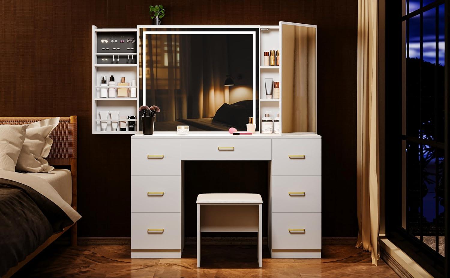 Vanity Desk with Lighted Mirror,Makeup Table with 7 Drawers,Wildhome Brand,Adult Age Group