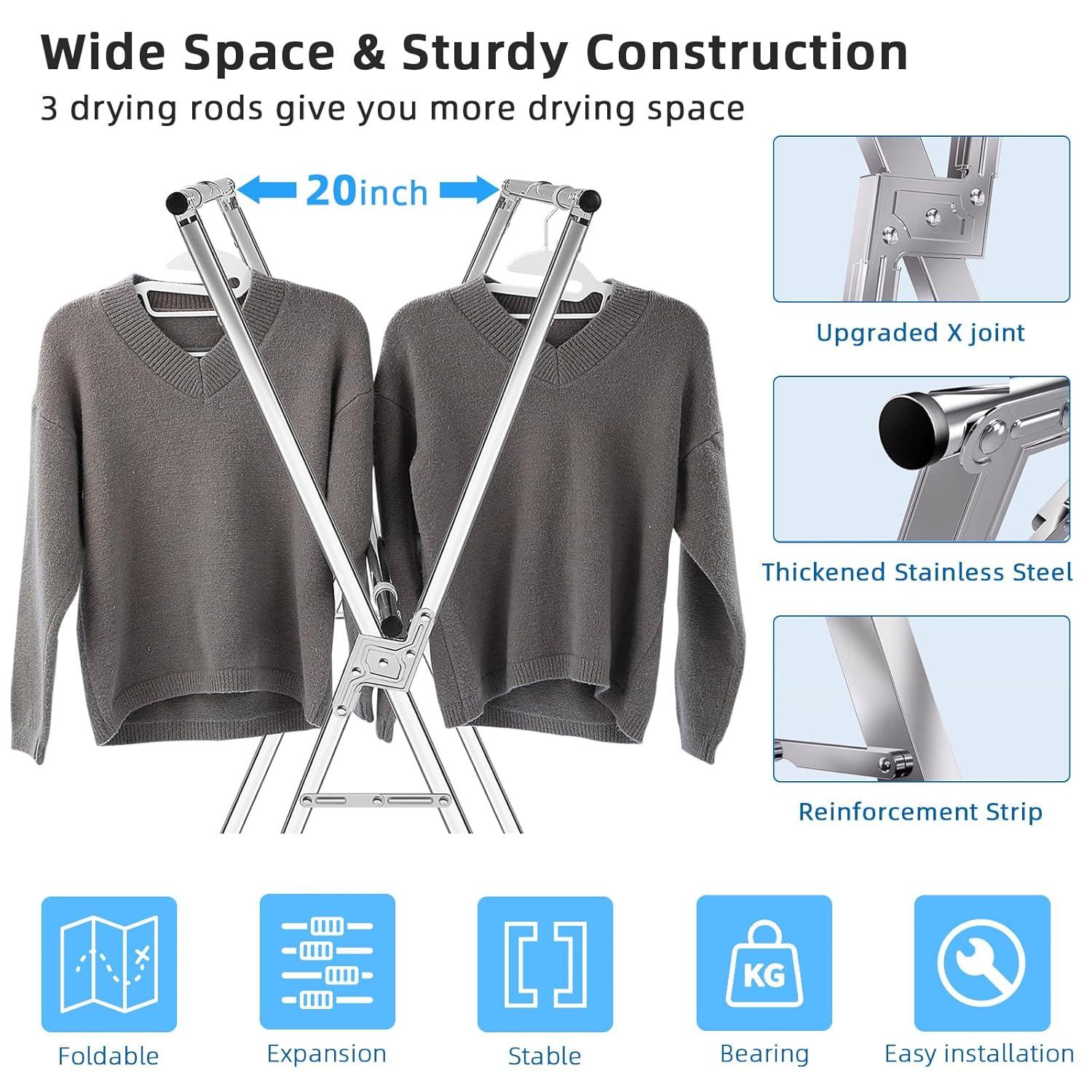 funest Drying Rack Clothing, 79 Inches Adjustble & Foldable Laundry Drying Rack, Heavy Duty Stainless Steel Clothes Drying Rack with 20 Hooks, 12 Clips, Suitable for Indoor, Outdoor and Balcony