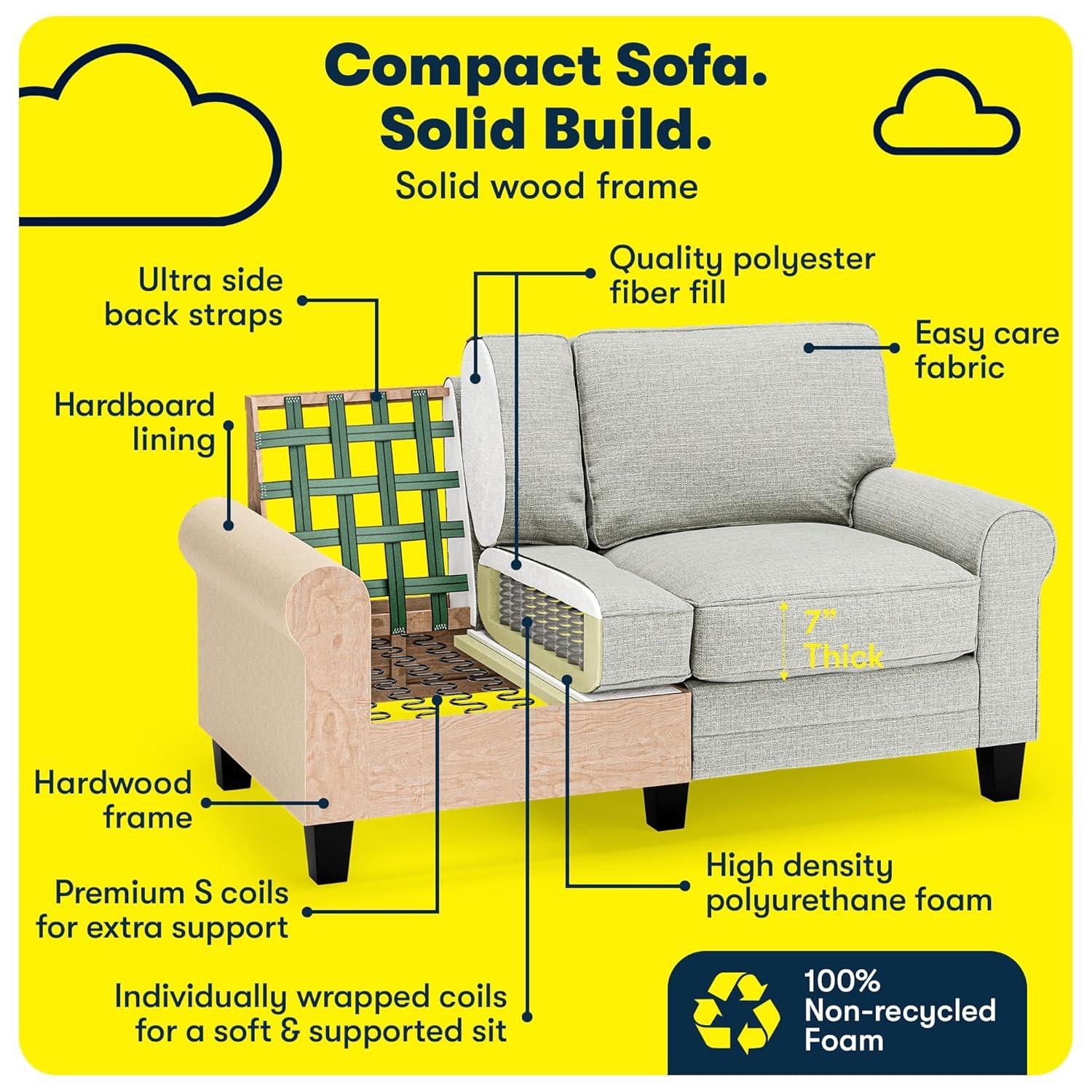 Serta Copenhagen 61" Rolled Arm Sofa, Easy Care Fabric, Soft Pillow Back, Pocket Coil Seat Cushions