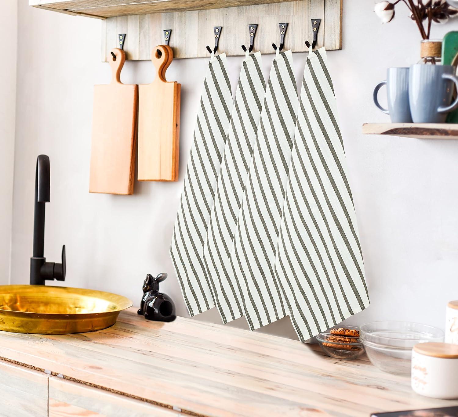 Royale Kitchen Towel 4 Pack - 100% Cotton Kitchen Dish Towel - Tea Towels - Reusable Cleaning Cloths - Highly Absorbent Bar Towel - Large Dish Towels - Wiping Cloth - (15X25 Inch, Black Stripe)