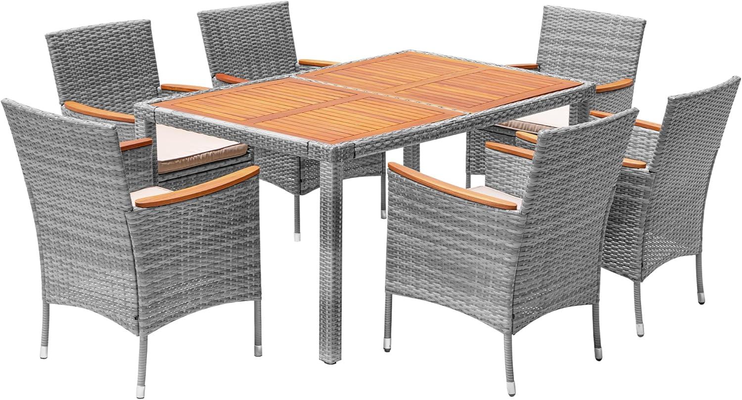 Gymax 7PCS Outdoor Dining Set Patio Acacia Wood and Rattan Furniture Set w/ Cushions