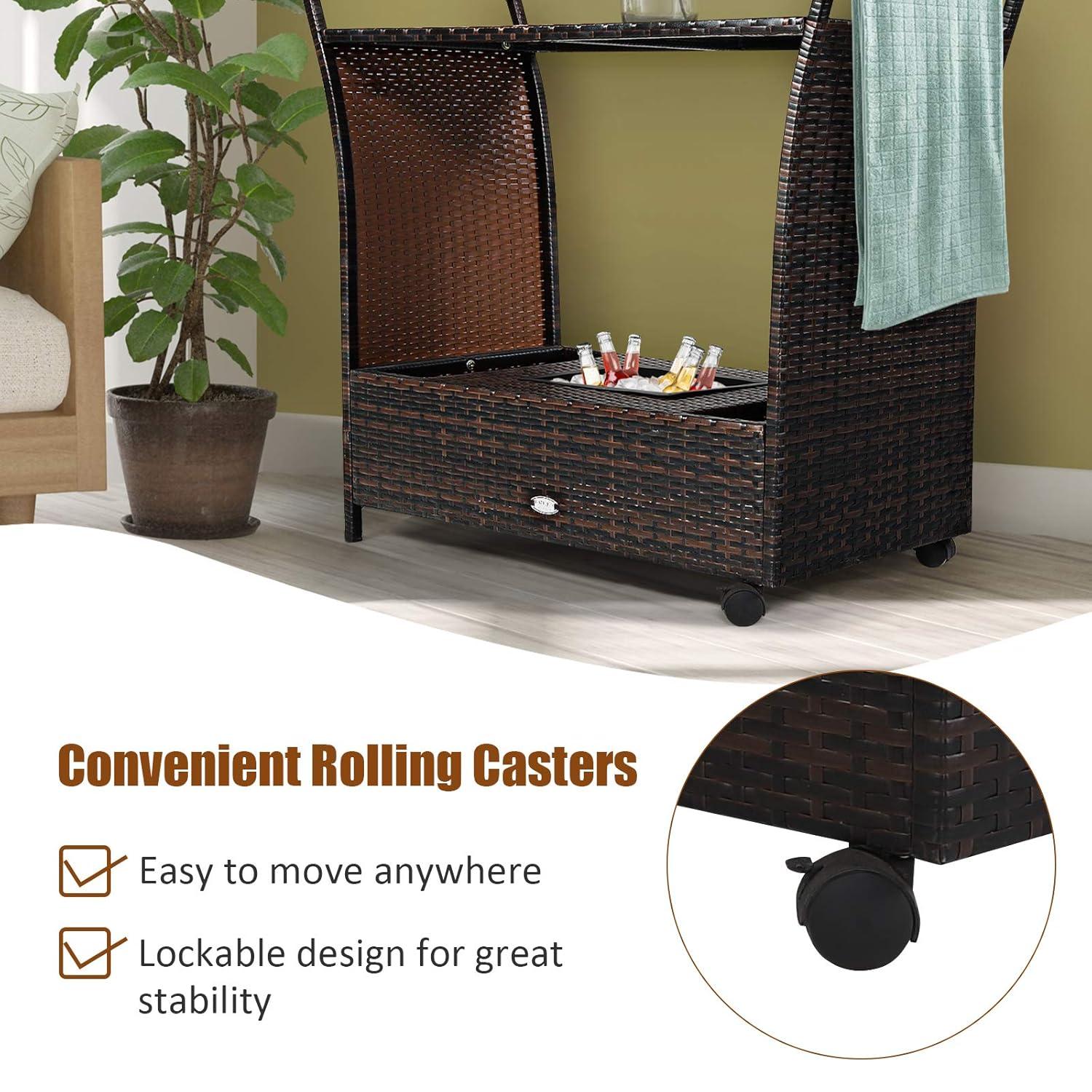 RELAX4LIFE Outdoor Wicker Bar Cart with Removable Ice bucket, Patio Serving Counter Table with Glass Top & Wheels, Storage Compartments Rattan Rolling Trolley for Pool, Backyard,Porch Wine Cart, Brown